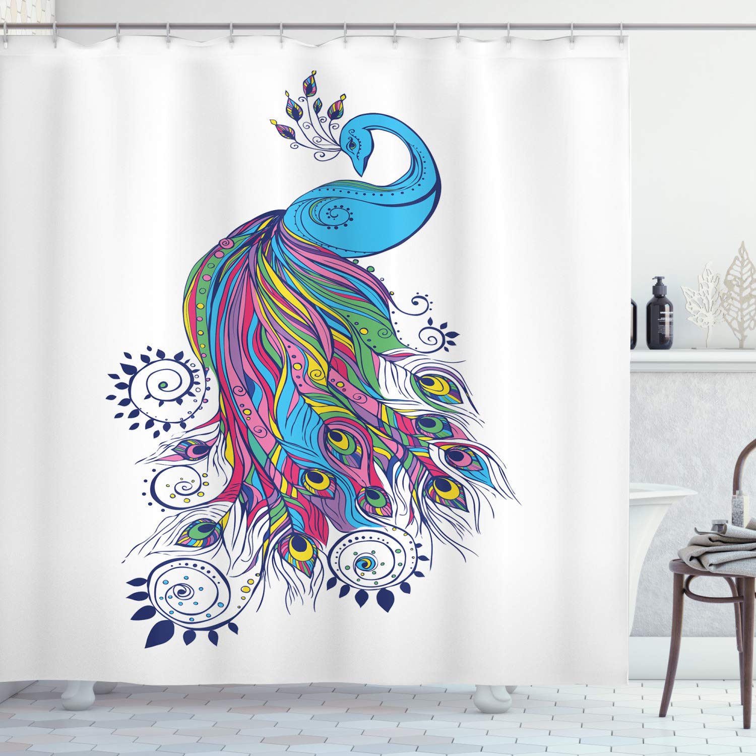 Ambesonne Peacock Shower Curtain - Colorful Fashion Artwork with Animal & Paisley Patterns, 69x75 Inch Waterproof Bathroom Decor - Perfect for Modern, Bohemian & Oriental Style Bathrooms