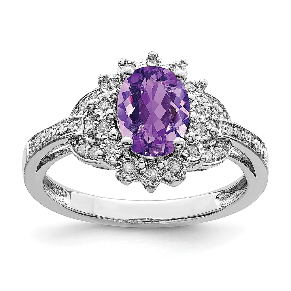 925 Sterling Silver Oval Checker Cut Amethyst Ring with Diamond Accents | Women's Fine Jewelry Gift for Her | Perfect for Anniversary, Birthday & Valentine's Day