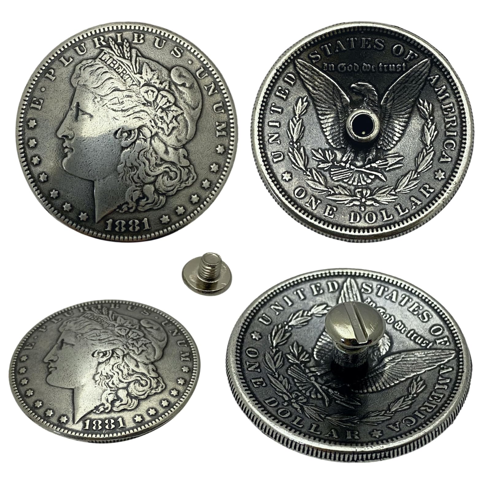 Morgan Silver Dollar Screw Back Conchos - 1.5 Inch Western Belt Buckle Decor (4 Pack) for Cowboy Boots, Leather Crafts & DIY Costume Accessories