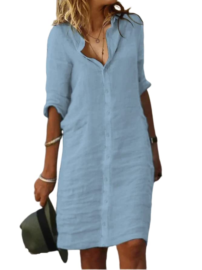 Women's Linen Midi Dress - Casual Button Down Shirt Dress with Pockets, Loose V-Neck & Half Sleeve for Beach Vacation, Summer Outfits & Boho Style | Perfect for Travel, Weekend Getaways & Outdoor Events