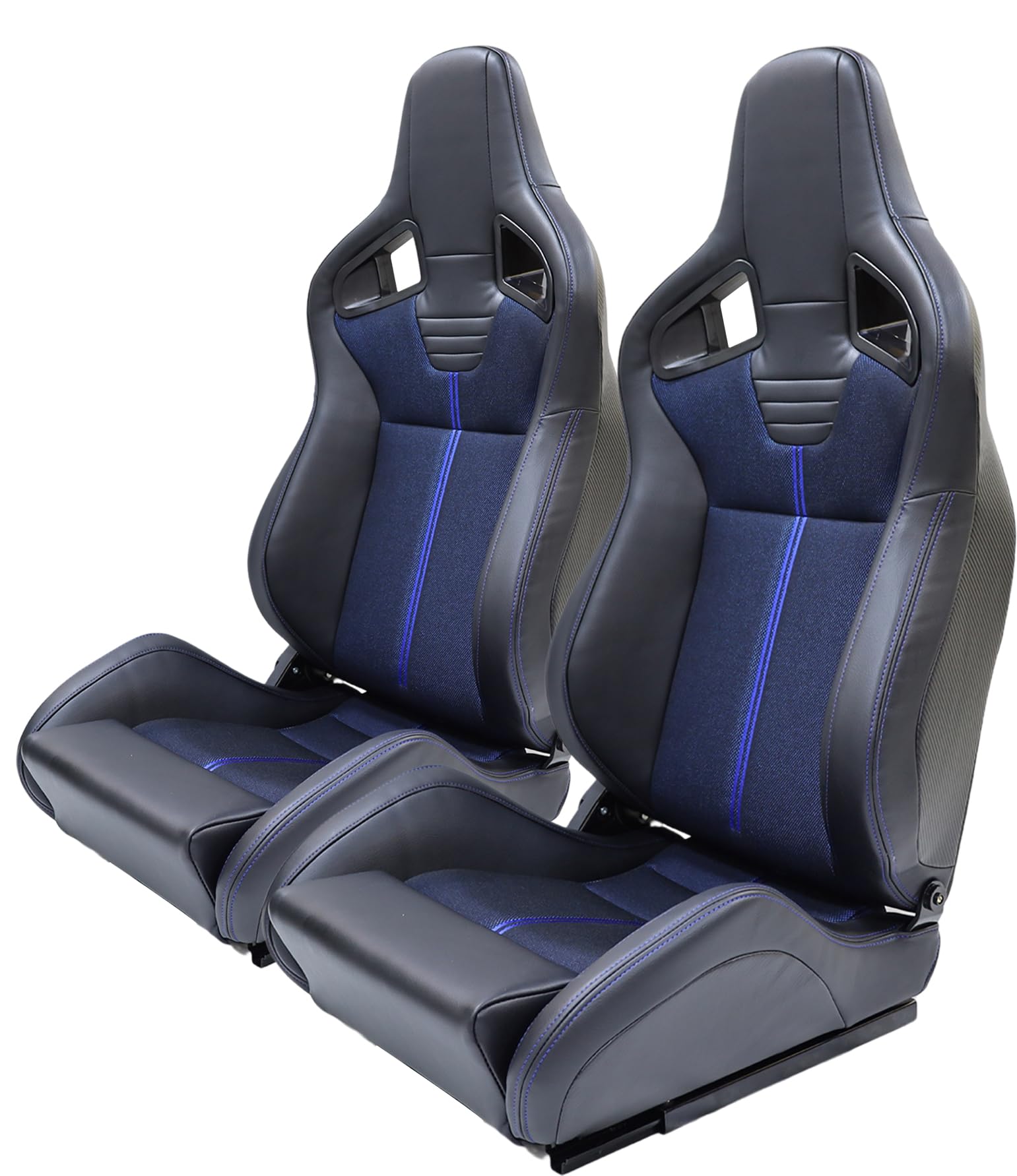 Universal V2 Series Racing Bucket Seats - Black PVC Leather & Blue Mesh Fabric, Reclinable with Double Slider (Seat Brackets Not Included) - Perfect for Sports Cars, Drifting & Track Racing