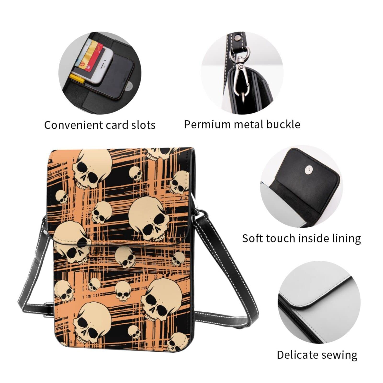 Gothic Skull Grunge Plaid Stripe Black Small Crossbody Phone Purse for Women - Mini Messenger Leather Shoulder Wallet Bag - Perfect for Concerts, Parties & Everyday Use