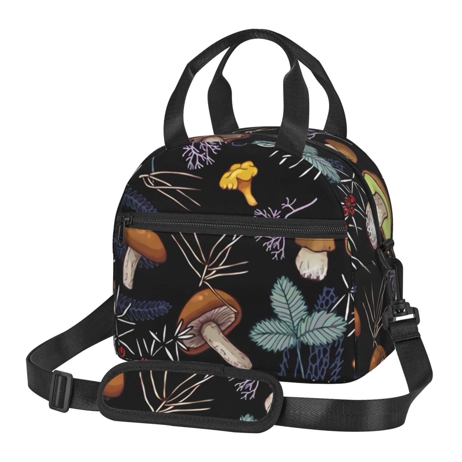 Prexill Insulated Lunch Bag for Women & Men - Kawaii Reusable Lunch Box for Adults, Portable & Leak-Proof (Dark Wild Forest Mushrooms Design) - Perfect for Work, School, Picnics & Travel