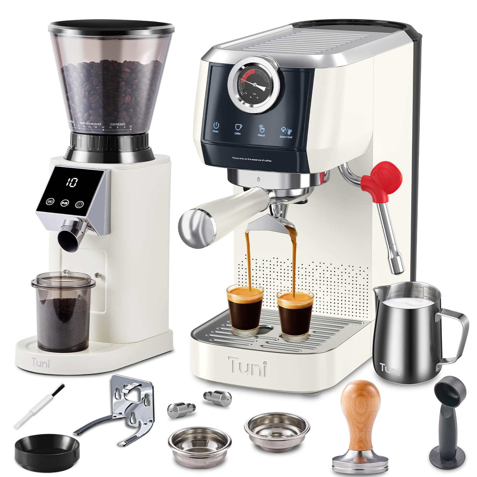 Tuni E2 58mm Espresso Machine & G1 Conical Burr Coffee Grinder Combo - 20Bar Dual Boiler Coffee Maker with 10mm Steam Milk Frother & 48 Grind Settings Anti-static Burr Mill - Perfect for Home Baristas & Coffee Shops