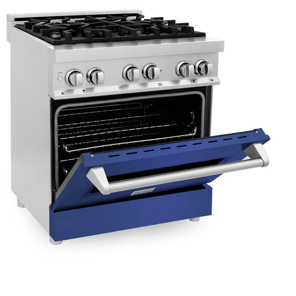 ZLINE 30-inch 4.0 cu. ft. Dual Fuel Range with 4-Burner Gas Cooktop & Electric Convection Oven - Stainless Steel with Blue Matte Door (RA BM 30) - Perfect for Modern Kitchens, Home Chefs & Gourmet Cooking