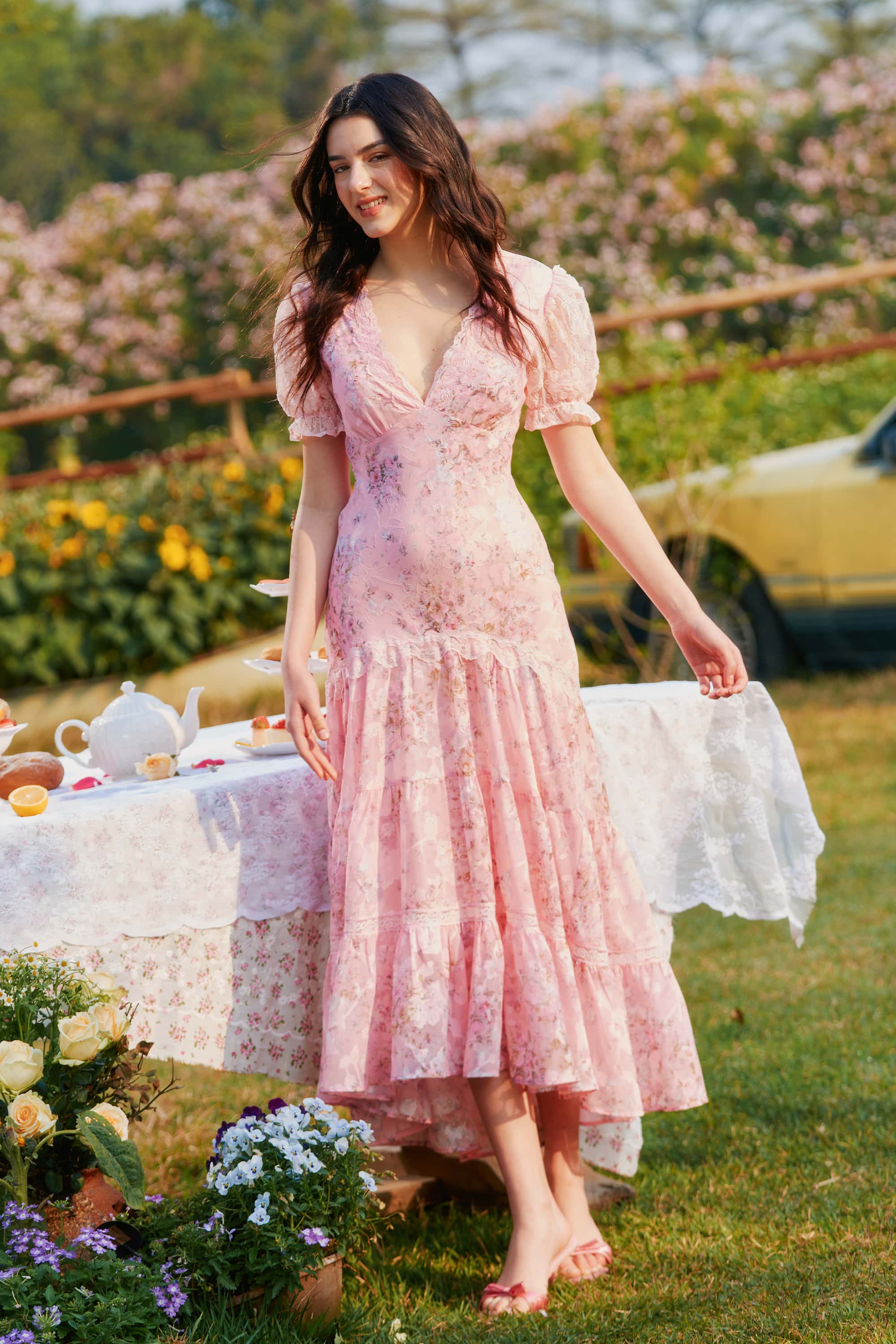 Elegant Adelaide Chiffon Lace Floral Maxi Dress for Women - Summer Beach Wedding Party & Vacation Outfit