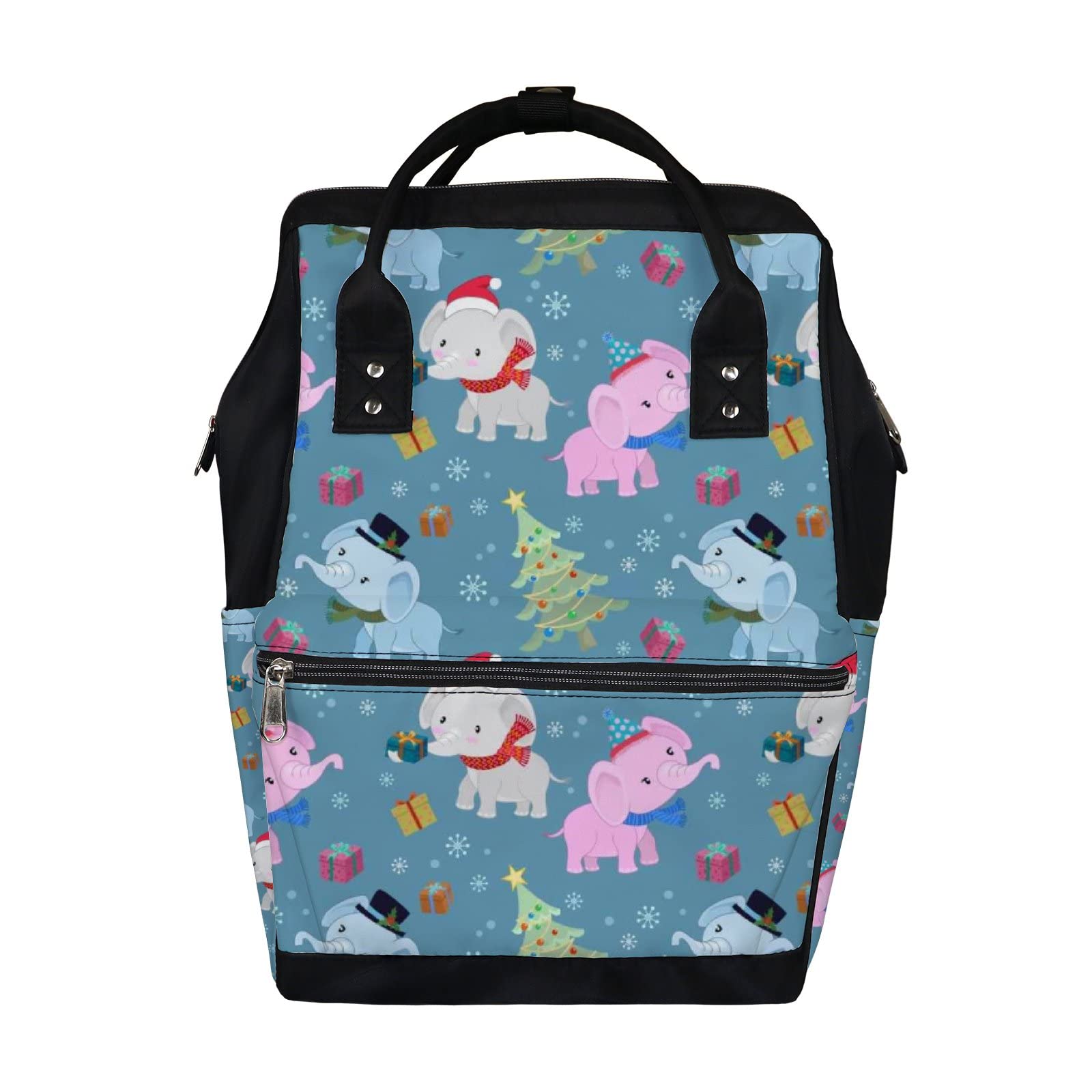 Waterproof Baby Diaper Backpack with Blue Cute Elephant & Christmas Tree Design - Large Capacity Nappy Changing Bag for Travel, Laptop Backpack for Women & Men - Perfect for Daycare, Family Outings & Airplane Travel
