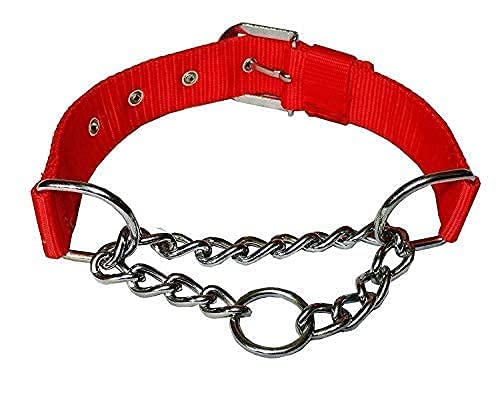RvPaws Half Chain Dog Collar - 1 Inch Nylon & Stainless Steel Choke Collar for Medium to Large Dogs (Red) - Adjustable Training Collar for Walking, Obedience & Behavior Control