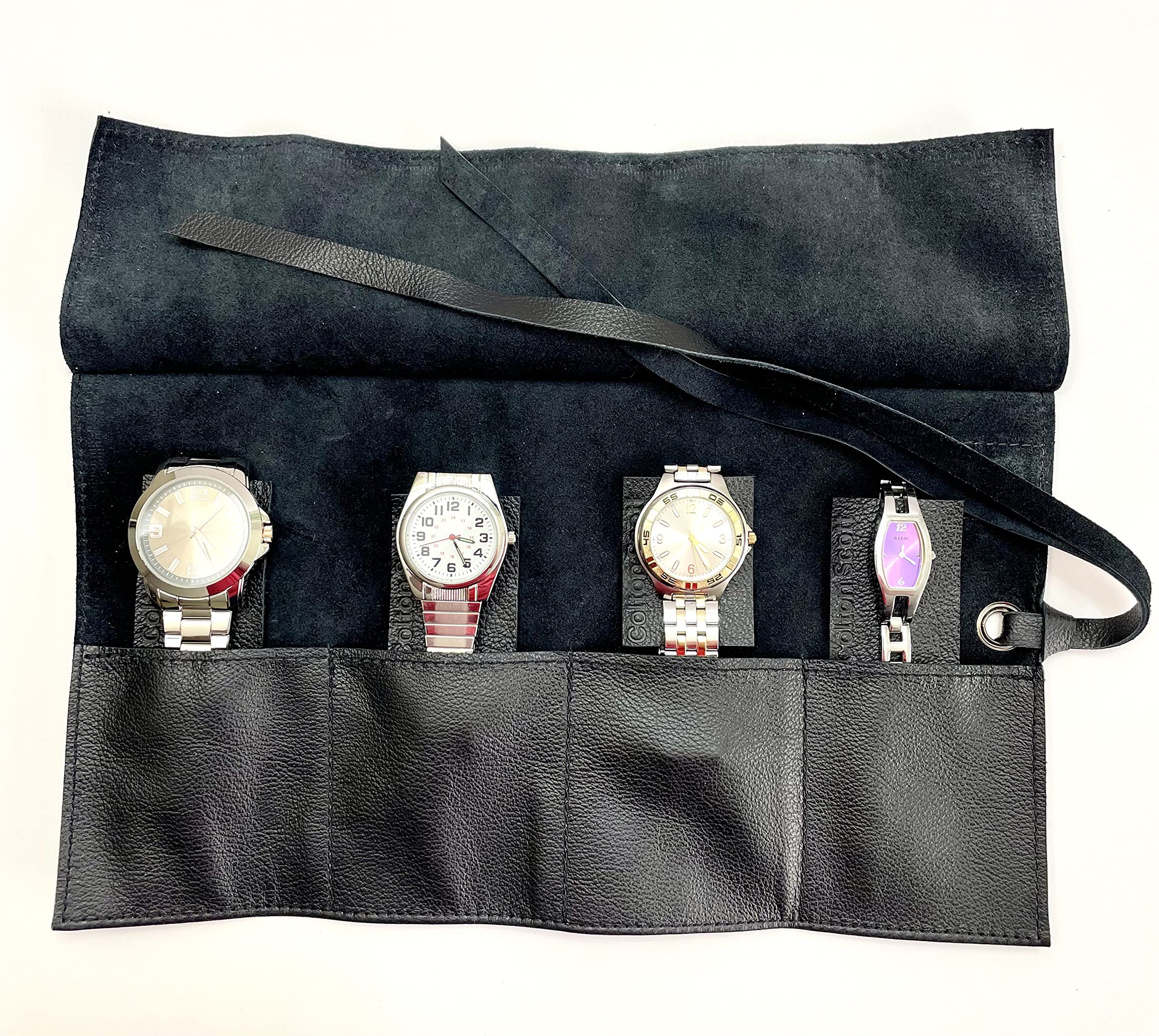 Premium Leather Travel Watch Roll Organizer - Handmade in USA with Genuine Italian Leather - Holds 4 Watches - Perfect Gift for Watch Enthusiasts - Ideal for Travel, Storage & Watch Collection Display (Black)