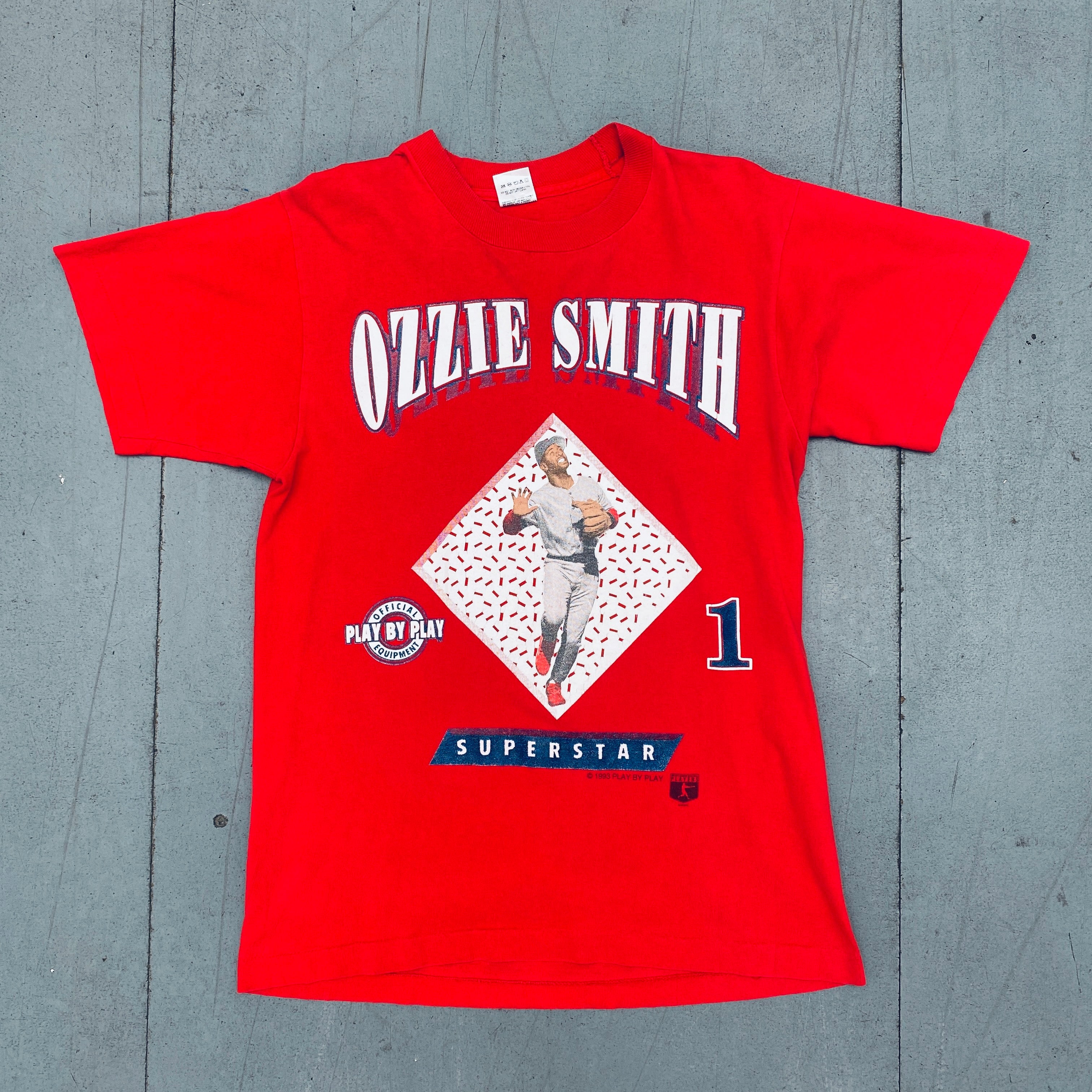 St. Louis Cardinals 1993 Ozzie Smith All Over Spellout T-Shirt - Men's Vintage Baseball Tee for Fans & Collectors - Perfect for Game Day, Casual Wear & Sports Memorabilia