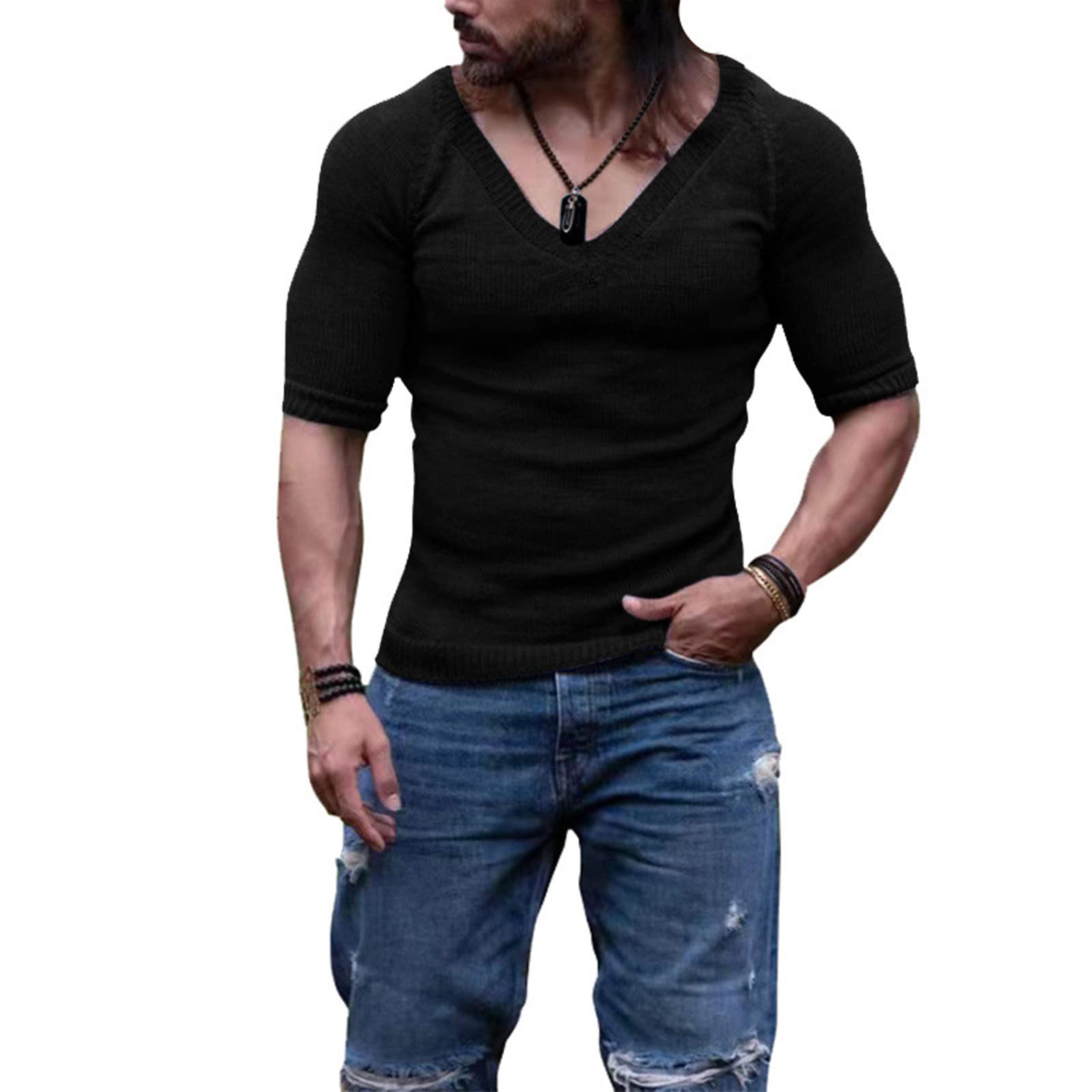 Men's Slim Fit V-Neck Plaid T-Shirts - Casual Solid Color Short Sleeve Tees for Gym, Workout & Everyday Wear | Breathable Comfort Fit Cotton Shirt for Men