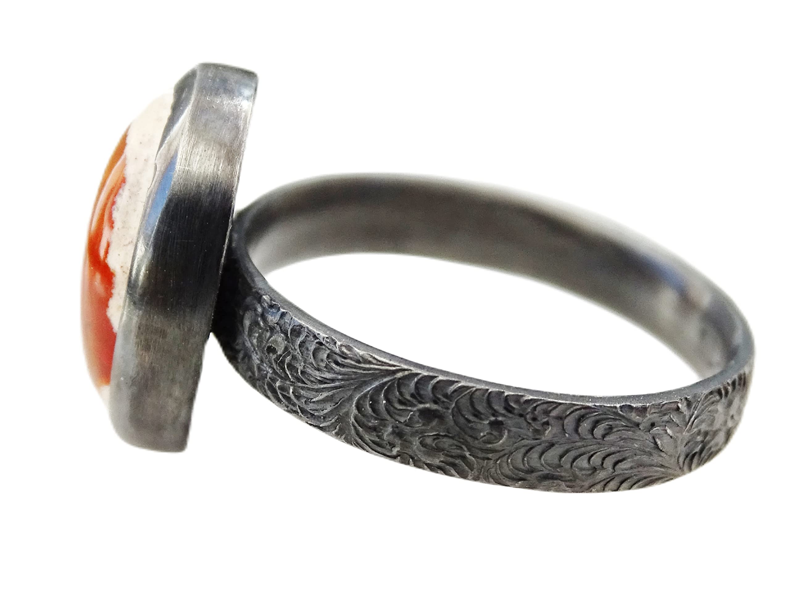 Fire Opal Ring Black Silver - Handcrafted Fire Opal Engagement Ring with Engraved Silver Band | Unique Anniversary Gift for Her | Perfect for Weddings, Proposals & Special Occasions