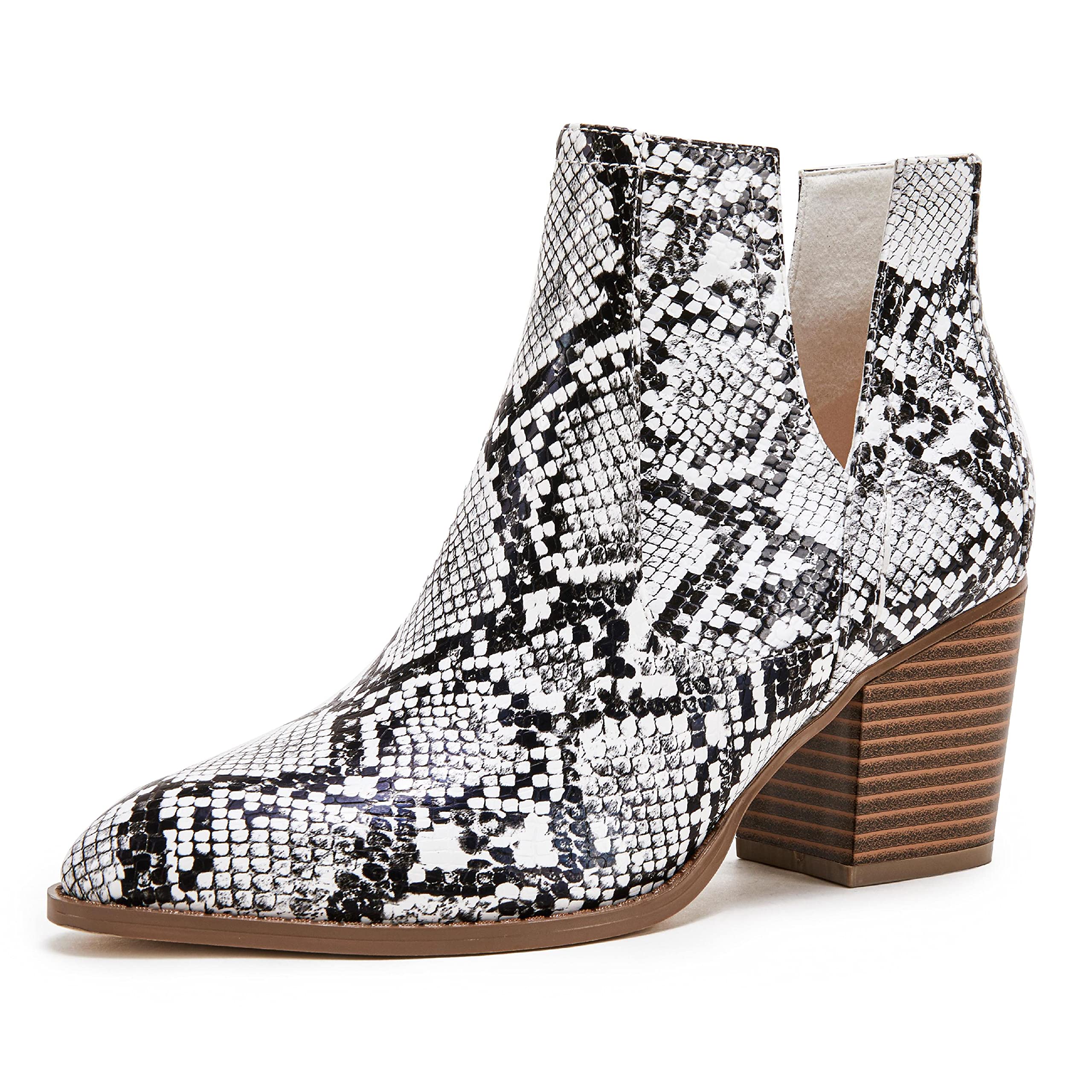 Women's Slip-On Ankle Boots with Cutout Design, Pointed Toe & Chunky Stacked Mid Heel - Snakeskin Print Fashion Booties for Casual Outfits, Office Wear & Night Out