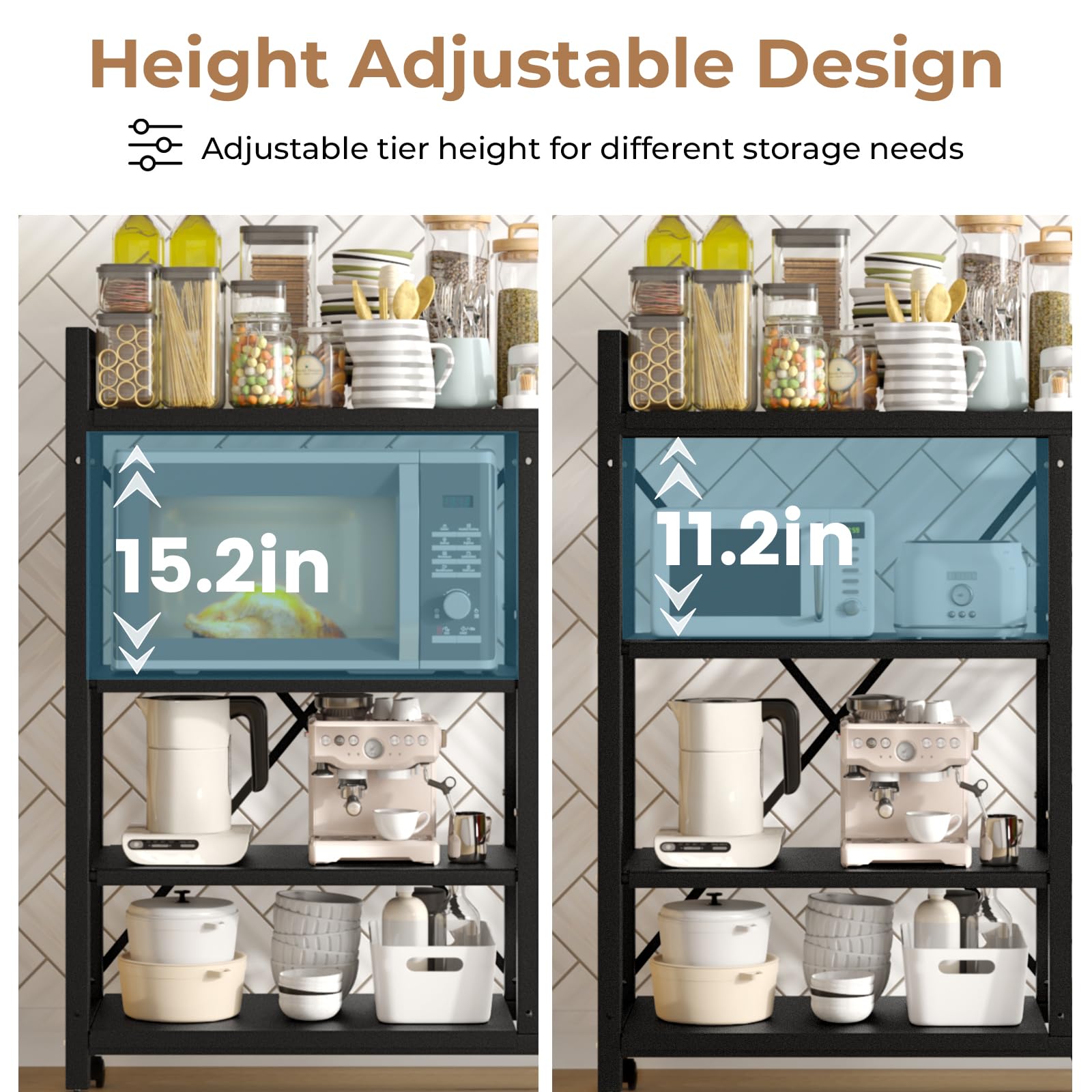 4-Tier Adjustable Metal Storage Shelves with Wheels & 3 Wire Baskets - Heavy Duty Kitchen Organizer for Pantry, Garage, Bathroom, Closet - Perfect Housewarming Gift & Home Organization Solution (Ideal for Small Spaces & DIY Storage)