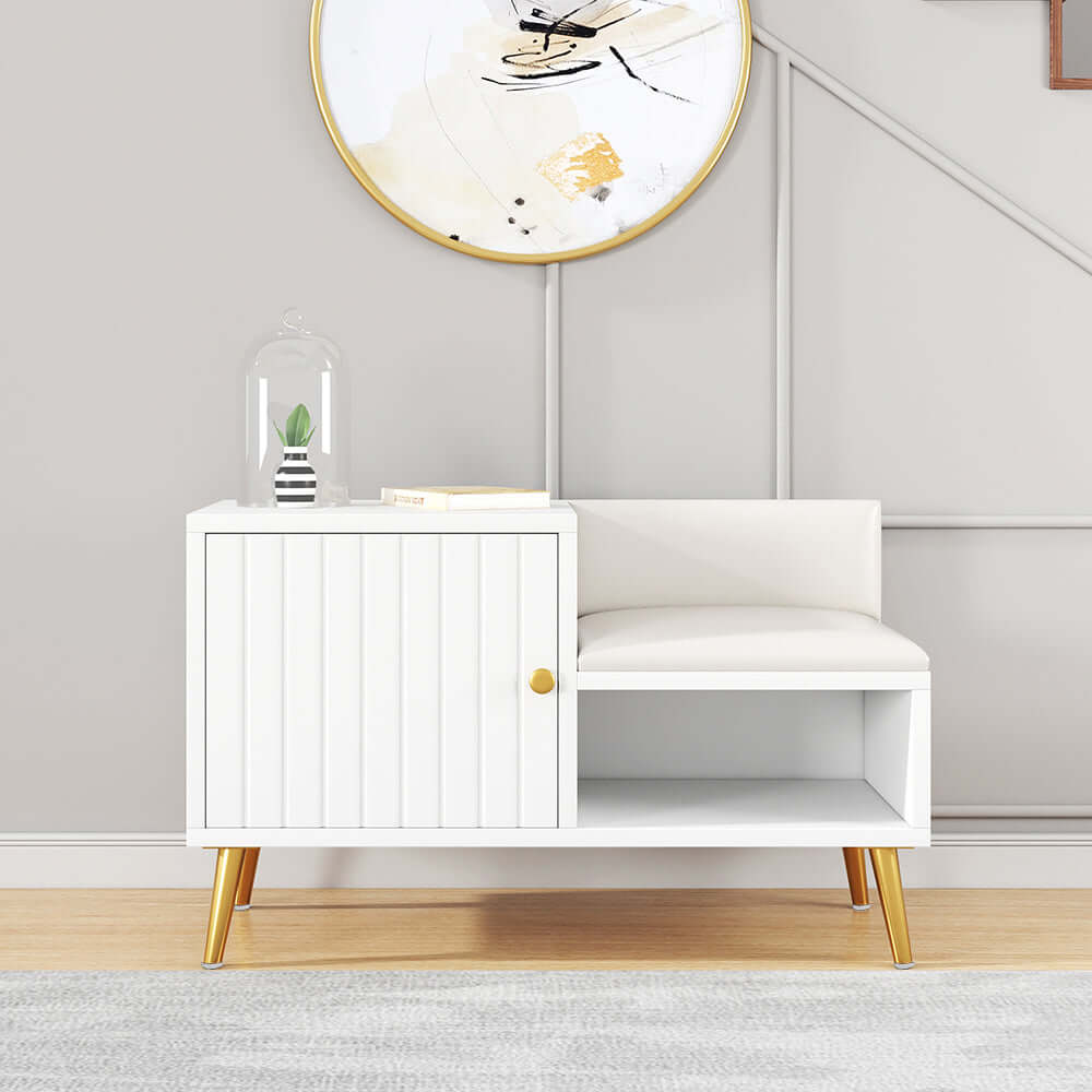 Modern White Upholstered Shoe Storage Bench with Cabinet & Shelf - Entryway Organizer for Hallway, Bedroom or Mudroom - Space Saving Shoe Rack with Seat