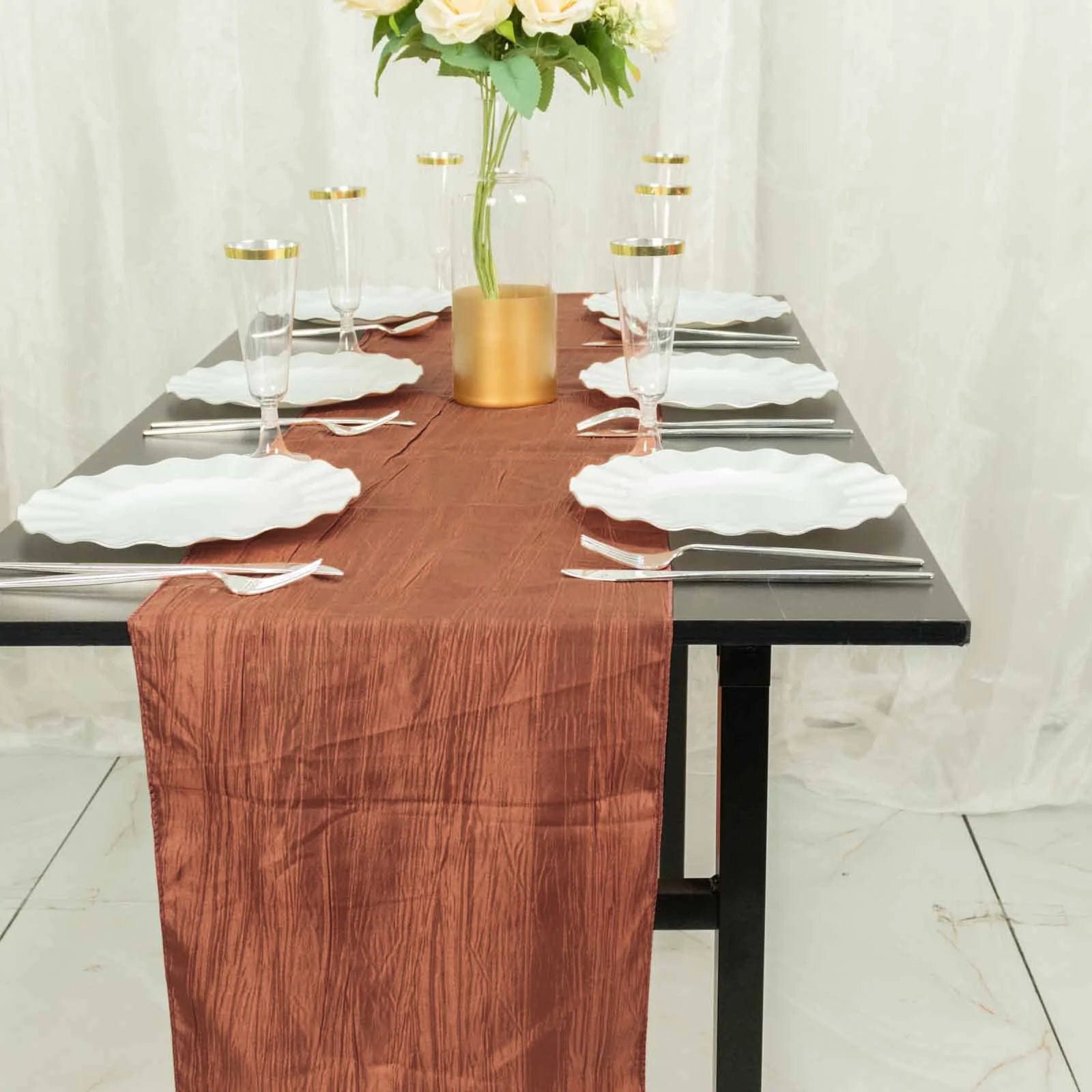 12-Pack 108-Inch Metallic Accordion Crinkled Taffeta Table Runner for Wedding, Party, Holiday & Home Decor - Elegant Dining Table Decorations
