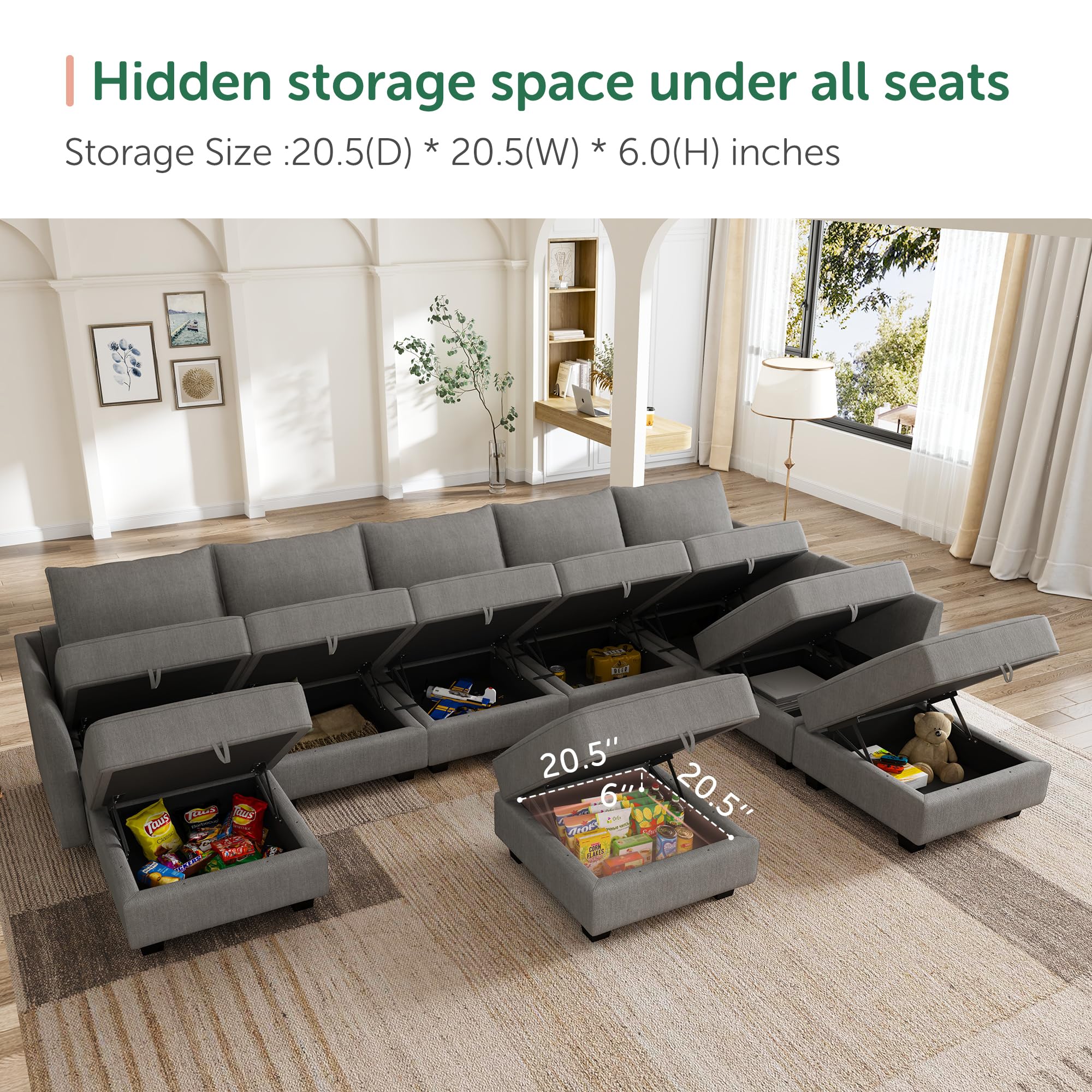 Modular Sectional Sofa with Storage & Ottomans - Oversized U-Shaped Reversible Couch for Living Room, Grey | Perfect for Large Spaces, Family Gatherings & Home Theater