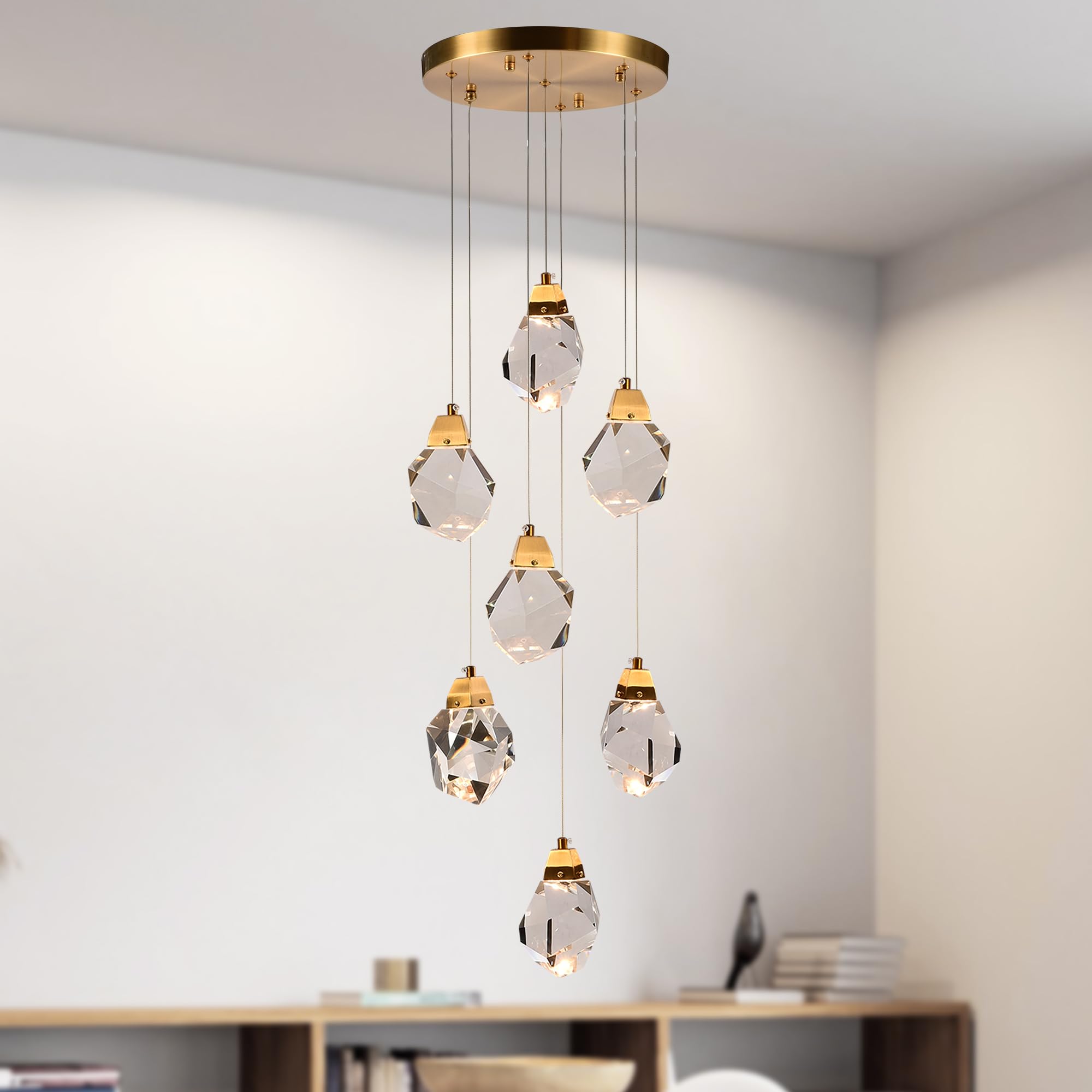 7-Light Modern Brass Crystal Chandelier - 21W Dimmable LED Diamond Pendant Light Fixture for Living Room, Dining Room | Elegant Ceiling Lighting for Home Decor & Special Occasions