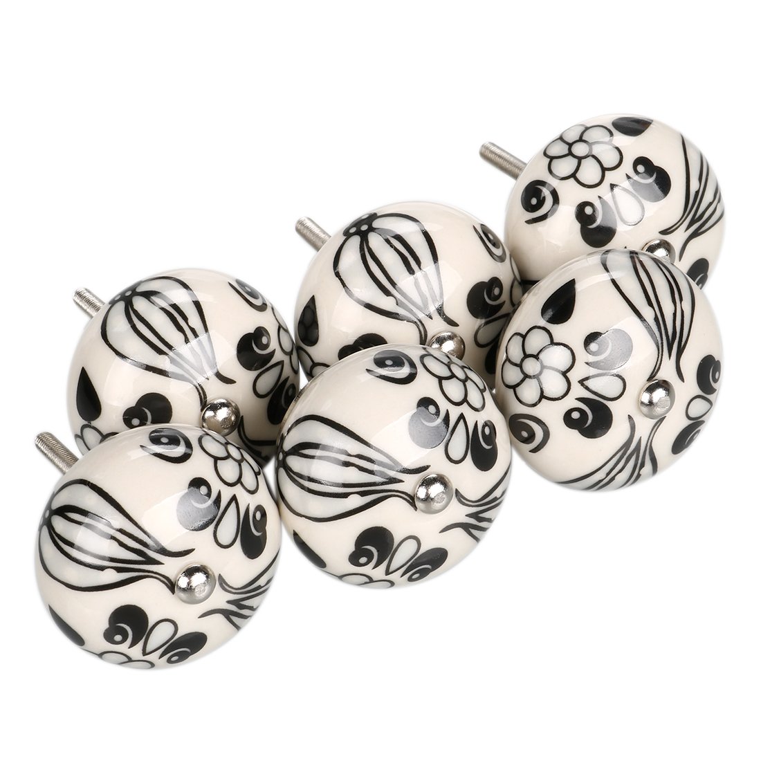 Handmade Floral Ceramic Drawer Knobs - White & Black Tillandsia Pattern Cabinet Knobs for Dresser, Closet, Drawers (Set of 6) - Perfect for Home Decor, DIY Furniture Upgrade & Vintage Style Interiors