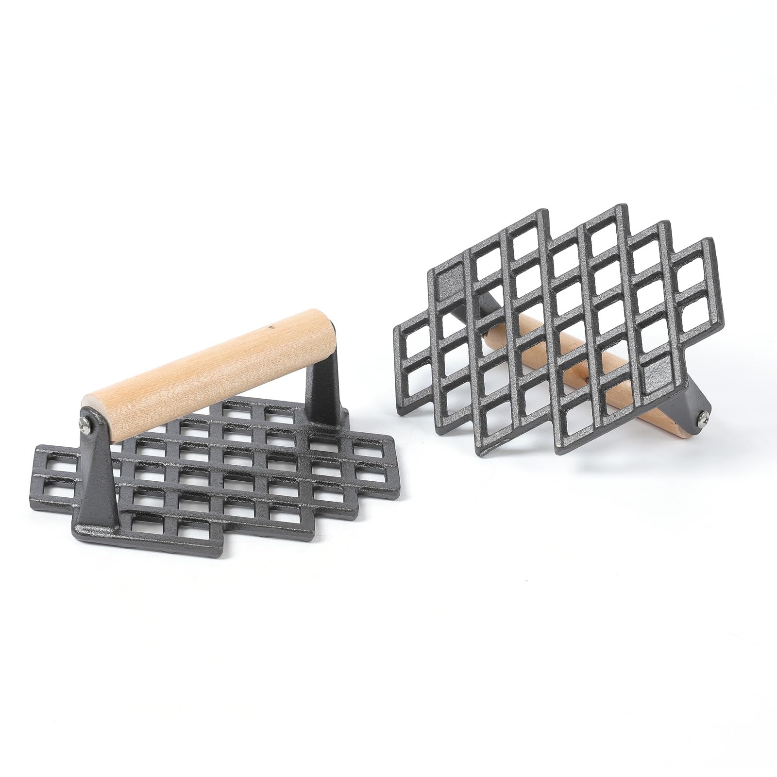 HAWOK Cast Iron Pre-Seasoned Grill Panini Press with Wooden Handle - Set of 2 Heavy Duty Grill Weights for Panini, Burgers, Steaks & Sandwiches - Perfect for Indoor/Outdoor Cooking, BBQ & Camping