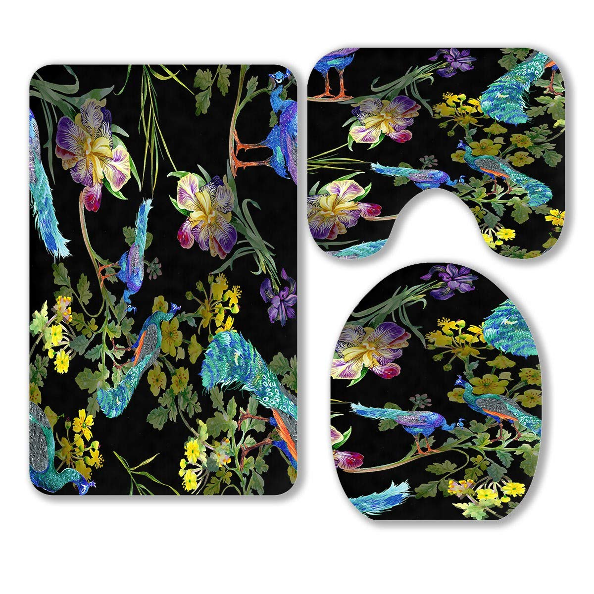 ECZJNT Watercolor Black Peacocks Iris Flowers 3-Piece Bathroom Rug Set - Non-Slip Bath Mat, Contour Mat & Toilet Lid Cover - Elegant Floral Decor for Modern Bathrooms, Guest Baths & Powder Rooms