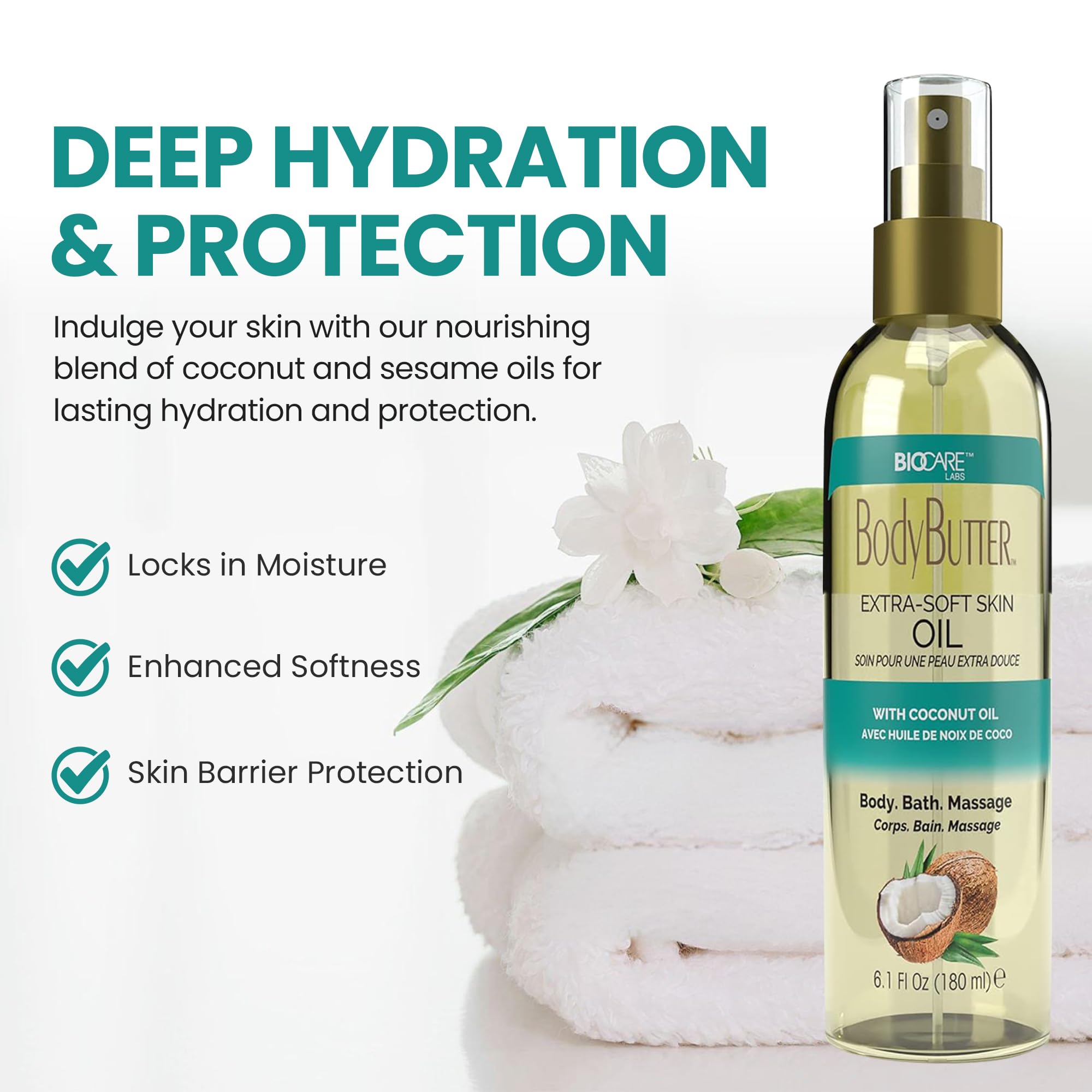 Biocare Extra-Soft Skin Body Oil with Coconut Oil - 6 oz | Hydrating & Nourishing Moisturizer for Dry Skin | Perfect for Massage, After Shower & Daily Skincare Routine