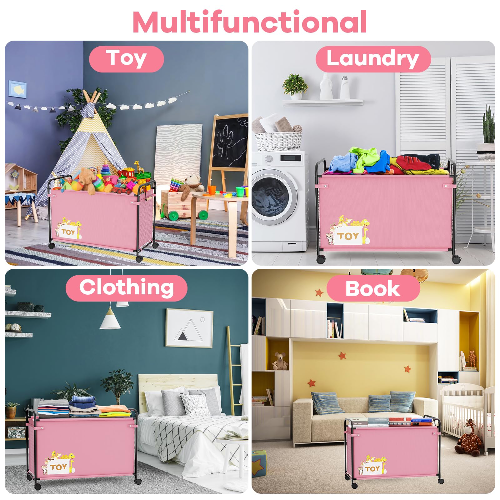 180L Extra Large Toy Storage Box with 360° Wheels - Durable Oxford Cloth & Metal Toy Chest for Kids, Stuffed Animals, Clothes Organizer - Perfect for Bedroom, Living Room, Nursery (Pink) - Ideal for Home Organization & Kids Playroom Storage