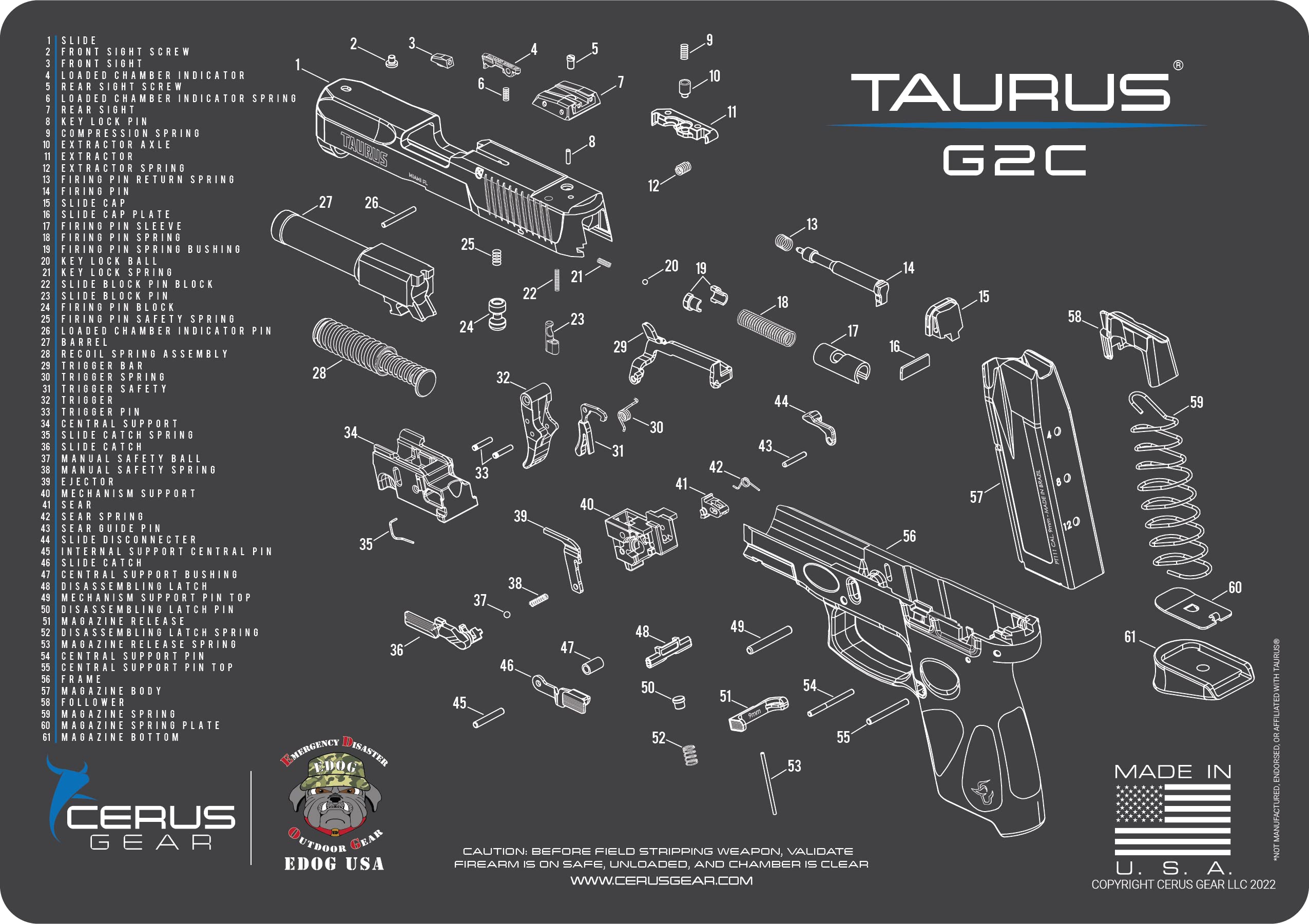 EDOG G2C Gun Cleaning Mat - Exploded View Schematic for Taurus G2C Pistols | 3mm Padded, Oil & Solvent Resistant | Protects Firearms, Magazines & Workbenches | Perfect for Home Cleaning & Range Maintenance