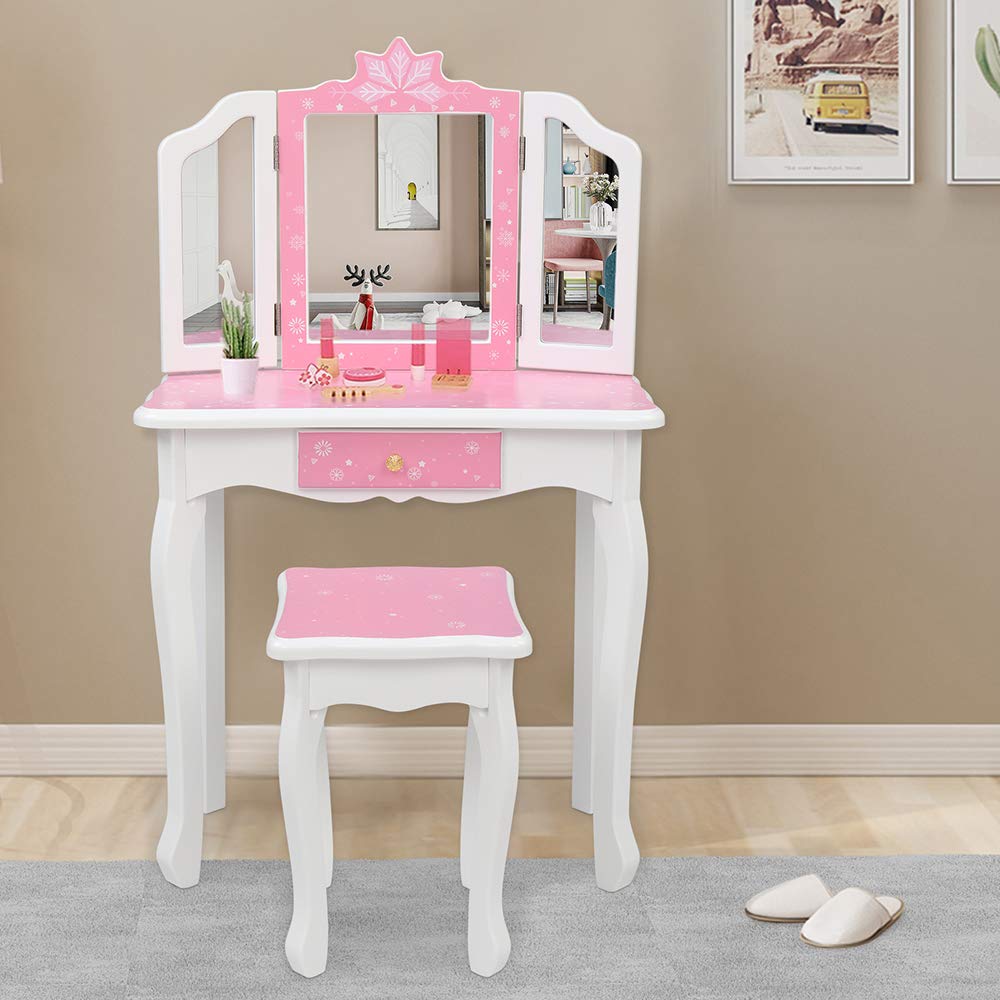 JOYMOR Kids Vanity Set - Wooden Princess Makeup Table with Stool, Tri-Folding Mirror & Large Drawer | Solid Wood Pretend Play Beauty Dressing Set for Girls | Perfect Birthday Gift (Pink) | Ideal for Bedroom Decor & Pretend Play Activities