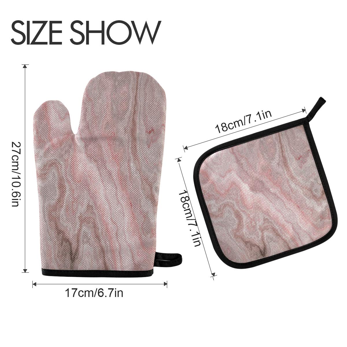 Heat Resistant Oven Mitts and Pot Holders Set - Rose Gold Marble Pink Non-Slip Kitchen Gloves for BBQ, Grilling, Baking, Cooking, Oven & Microwave - Perfect for Home Kitchen, Camping & Outdoor Cooking
