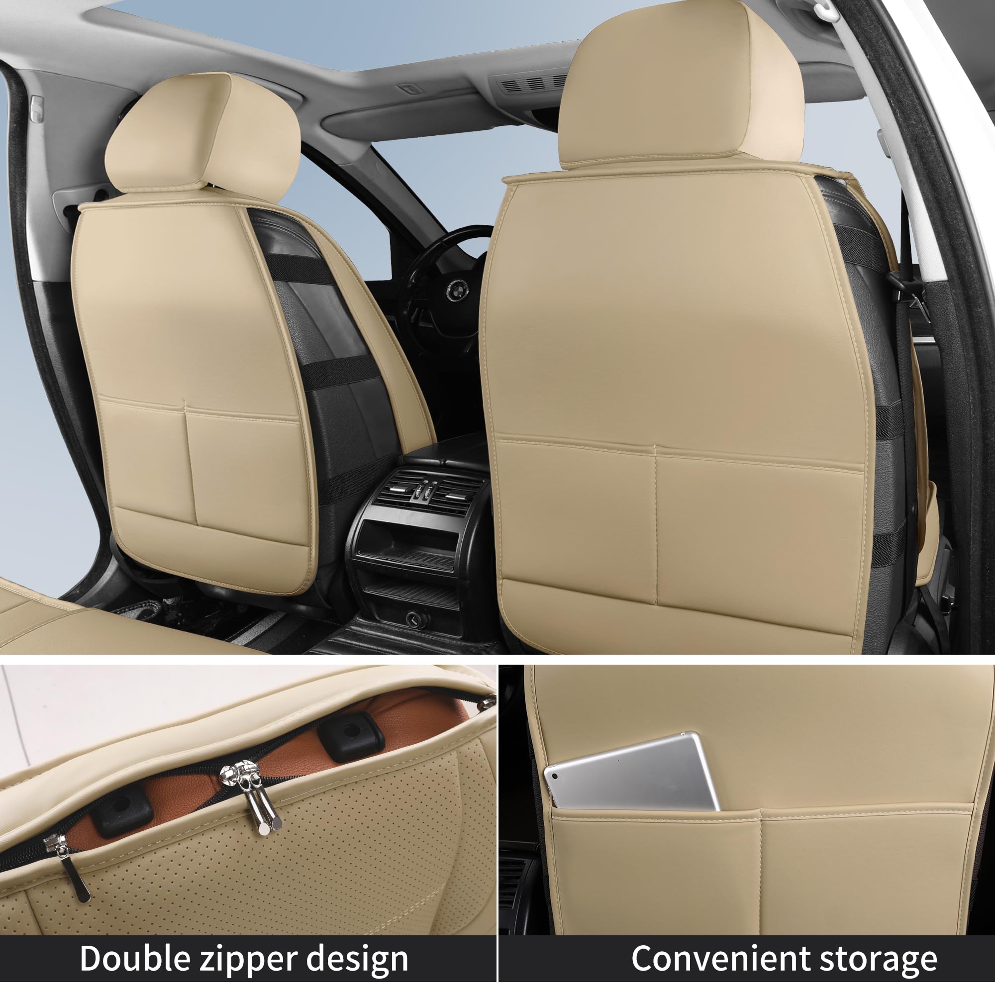 Breathable Waterproof Leather Car Seat Covers - 5-Piece Full Set for SUV, Pickup Truck & Sedan | Anti-Slip Design with Backrest | Style 1 in Beige | Perfect for Road Trips, Daily Commutes & Family Travel