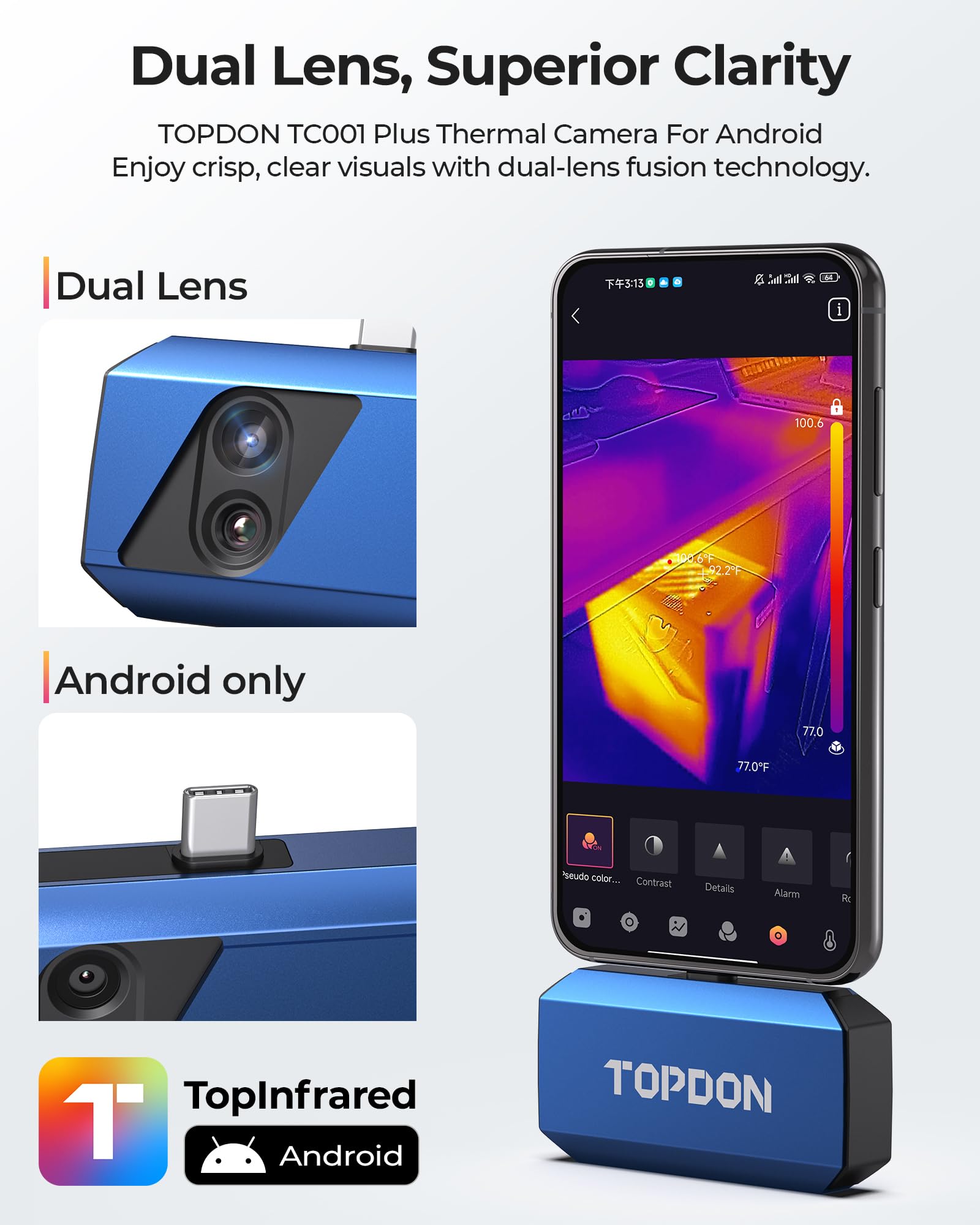TOPDON TC001 Plus Thermal Imaging Camera for Android - 512x384 Super Resolution & Visual Camera, 256x192 IR Resolution, Dual-Lens Smartphone & Tablet Thermal Camera (PC Compatible, Not for iOS) - Perfect for Electrical Inspections, HVAC Maintenance, and Home Energy Audits