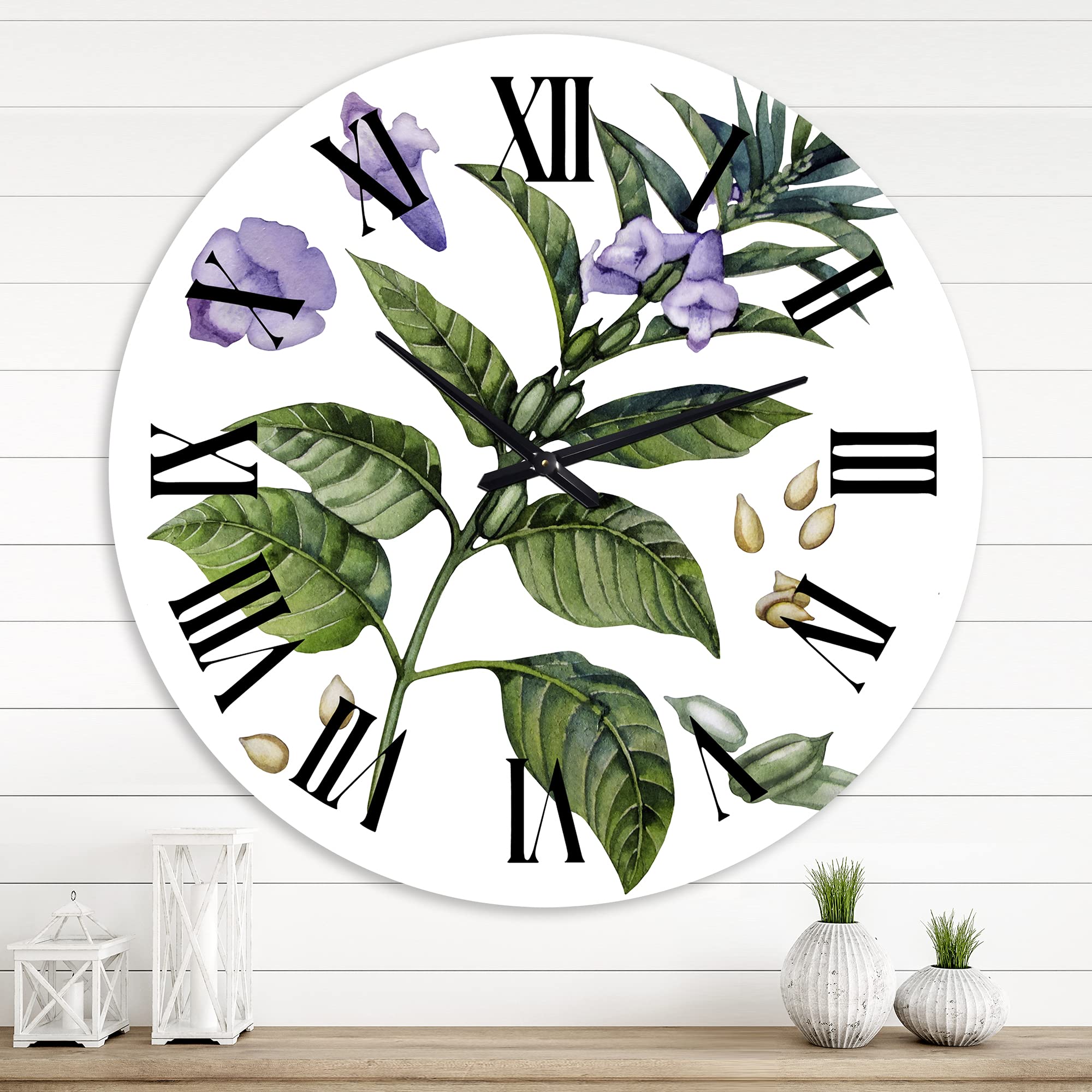 DesignQ Traditional Wall Clock - Purple Sesame Flowers with Green Leaves Floral Decor | Large Botanical Wall Clock for Living Room, Bedroom & Office | Silent Non-Ticking Home Décor