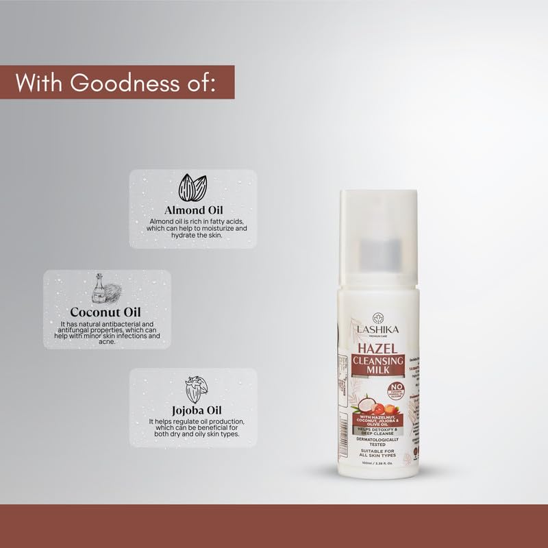 Lashika Hazel Cleansing Milk with Hazelnut, Coconut Oil, Jojoba, Olive Oil & Almond Oil - Natural Makeup Remover & Face Cleanser for Sensitive Skin (100ml) | Gentle Daily Cleansing for Dry & Oily Skin Types
