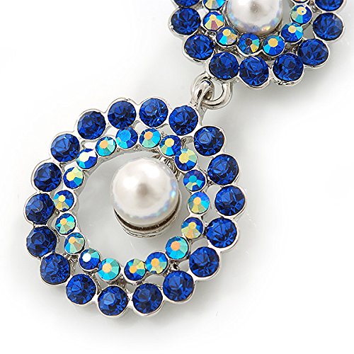 Elegant Sapphire Blue & AB Austrian Crystal Pearl Double Hoop Drop Earrings - 55mm Rhodium Plated Dangle Earrings for Women | Perfect for Weddings, Parties & Special Occasions