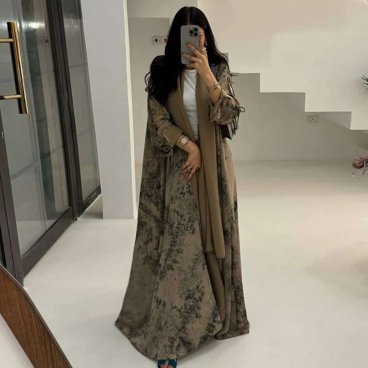 Elegant Printed Chiffon Hijab Cardigan Open Abaya Dress #25181 - Perfect for Modest Fashion, Prayer, and Special Occasions