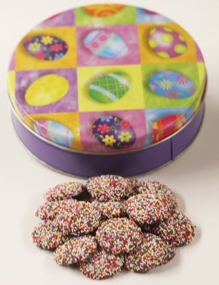 Scott's Cakes Milk Chocolate Wafers with Rainbow Non-Pareils - Mini Bright Eggs Tin - Perfect for Easter Gifts, Party Favors & Holiday Treats