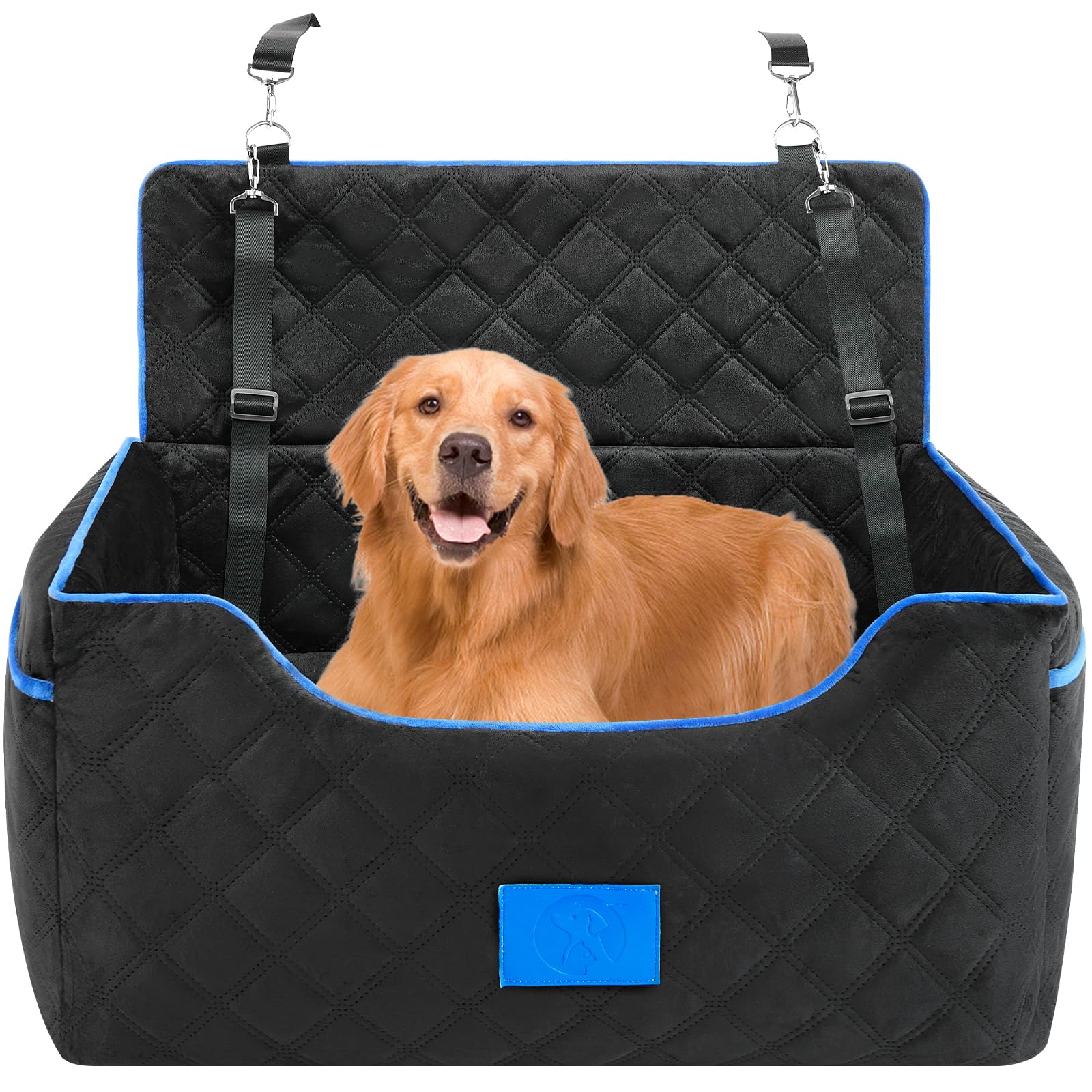 Premium Memory Foam Dog Car Seat for Large & Medium Dogs up to 55 lbs - Washable Elevated Pet Booster Seat with Safety Belt & Storage Pocket - Perfect for Road Trips, Vet Visits & Family Outings