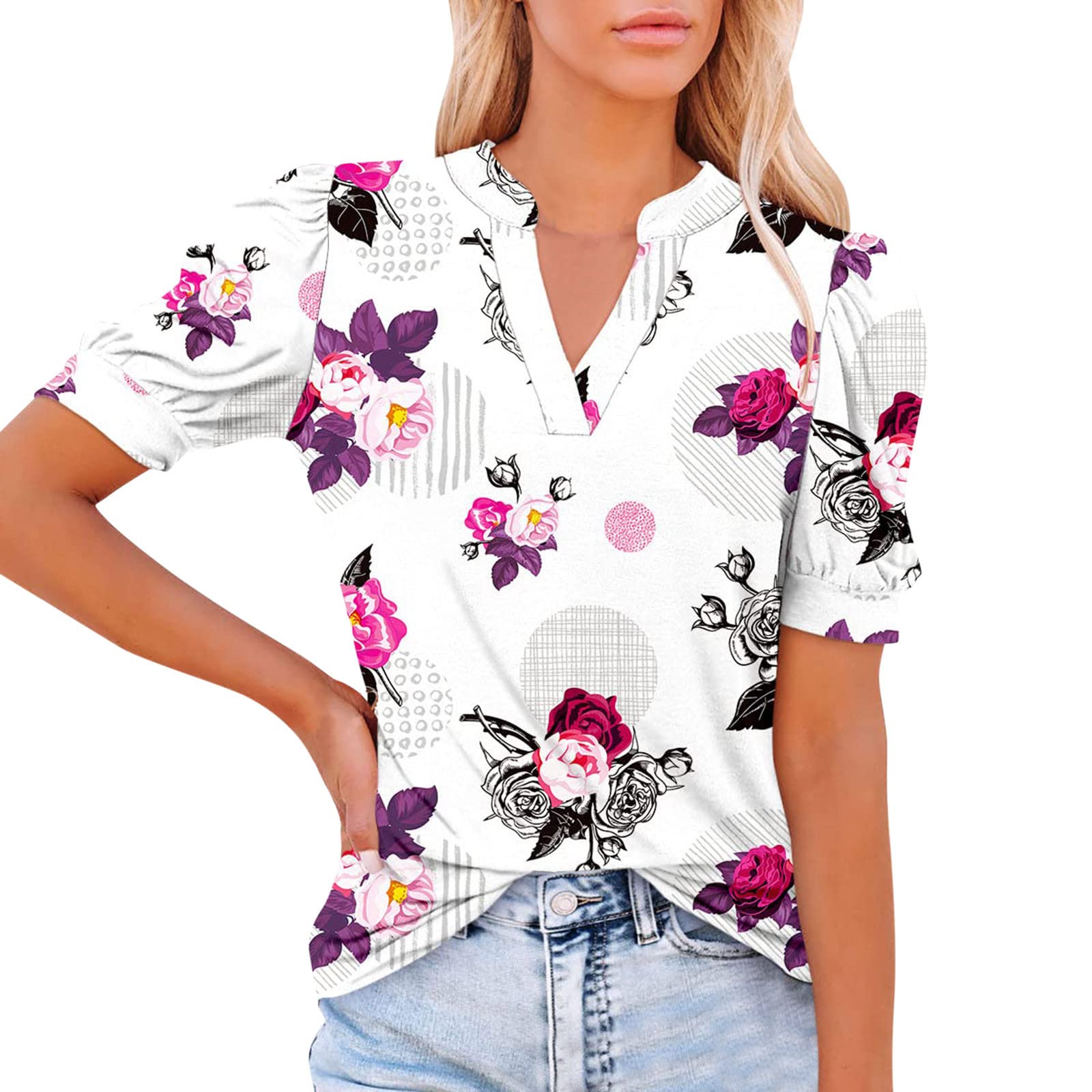Women's Summer Tops with Sleeves - Fitted V-Neck Puff Short Sleeve T-Shirts for Casual Wear | Loose Comfortable Blouse for Beach, Office & Everyday Outfits