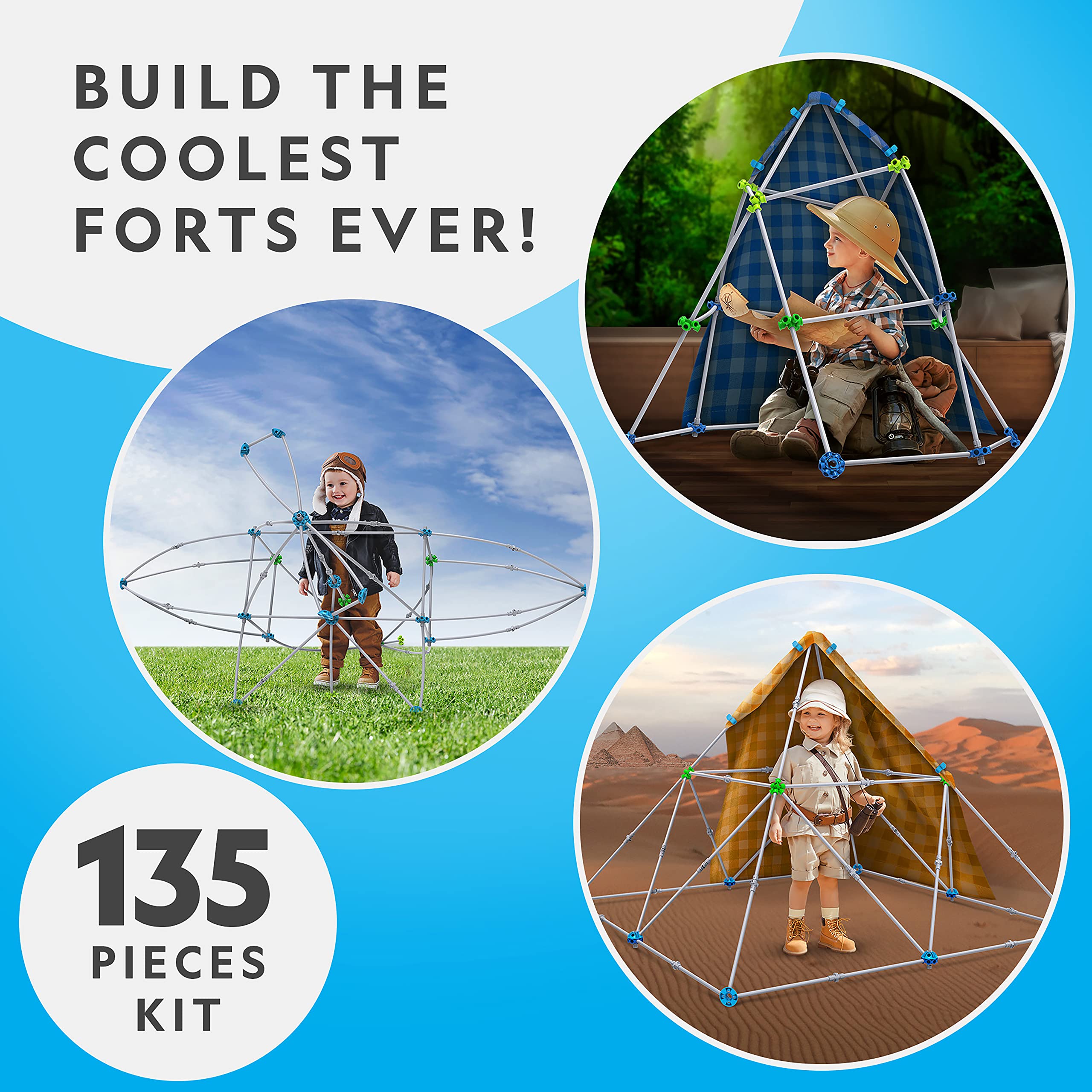 NATIONAL GEOGRAPHIC Kids Fort Building Kit - 135 Piece STEM Construction Set for Ages 6-12, Creative Indoor Play Tent & Blanket Castle (Amazon Exclusive) | Perfect for Sleepovers, Playdates & Imaginative Adventures