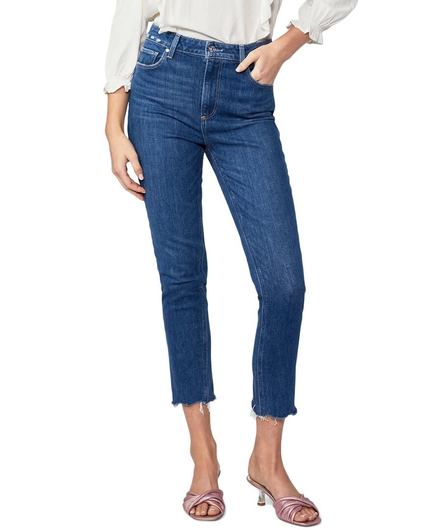 PAIGE Women's Sarah Slim Crop High Rise Straight Jeans - Radio Star Distressed Fly Hem | Comfortable & Stylish for Casual Outings, Date Nights & Weekend Wear