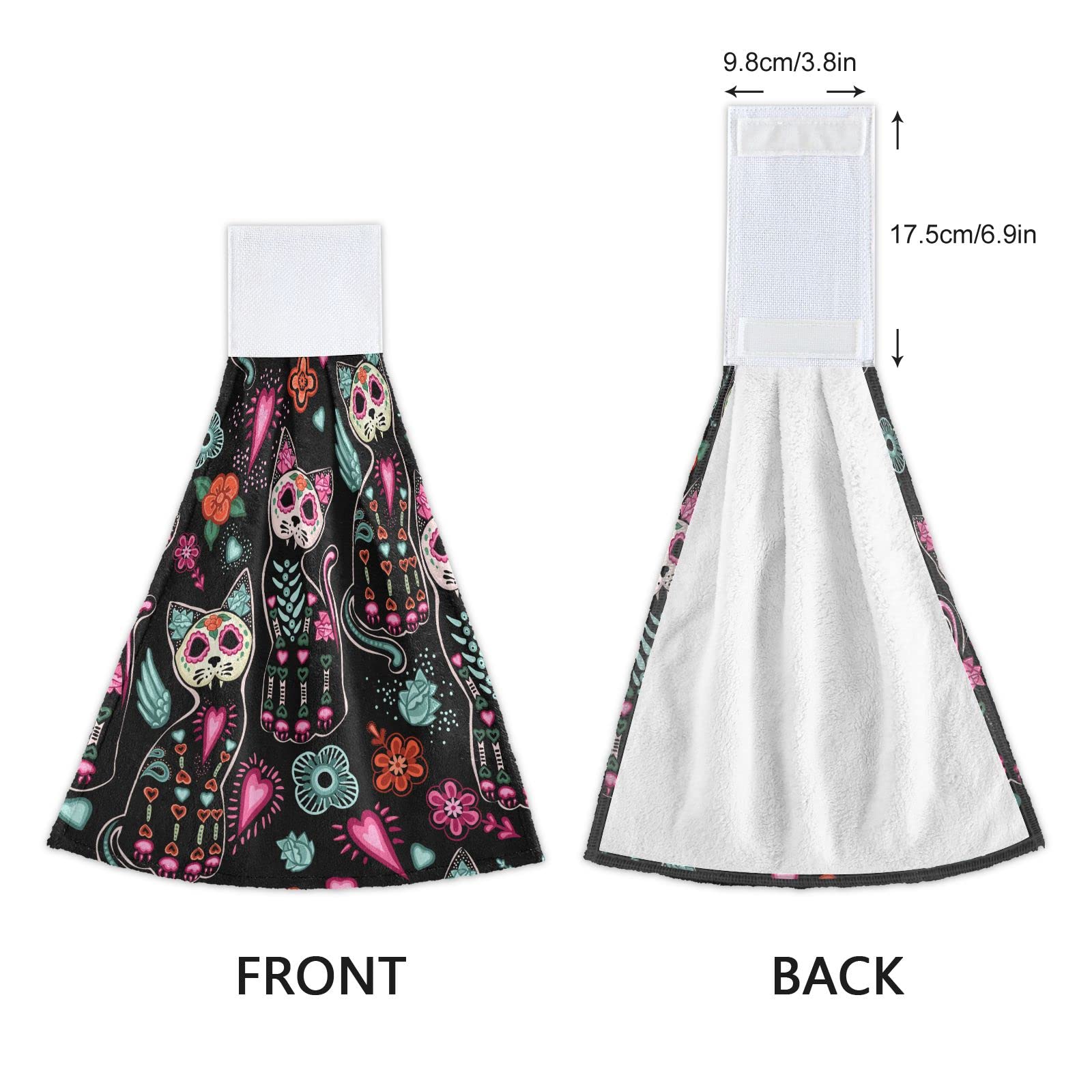 Halloween Cat Skeleton Hanging Kitchen Towels Set of 2 - Sugar Skull Floral Print Oven Mitt & Hand Towel for Kitchen, Bathroom Decor - Perfect for Halloween Party, Home Decor & Gift Giving