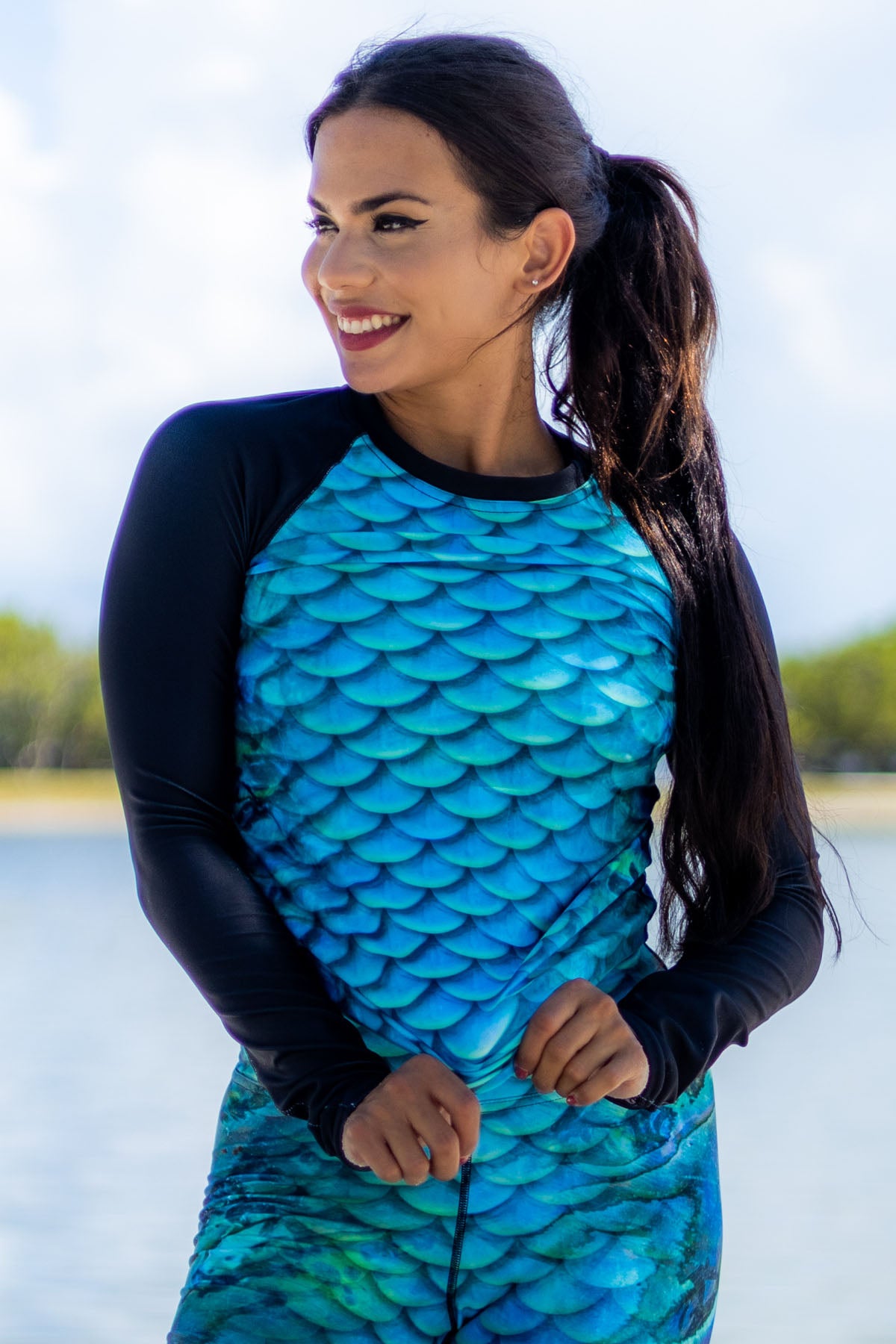 Premium Abalone Shell Print Mermaid Rash Guard - UV Protection Swim Shirt for Women & Girls - Perfect for Surfing, Swimming, and Beach Activities