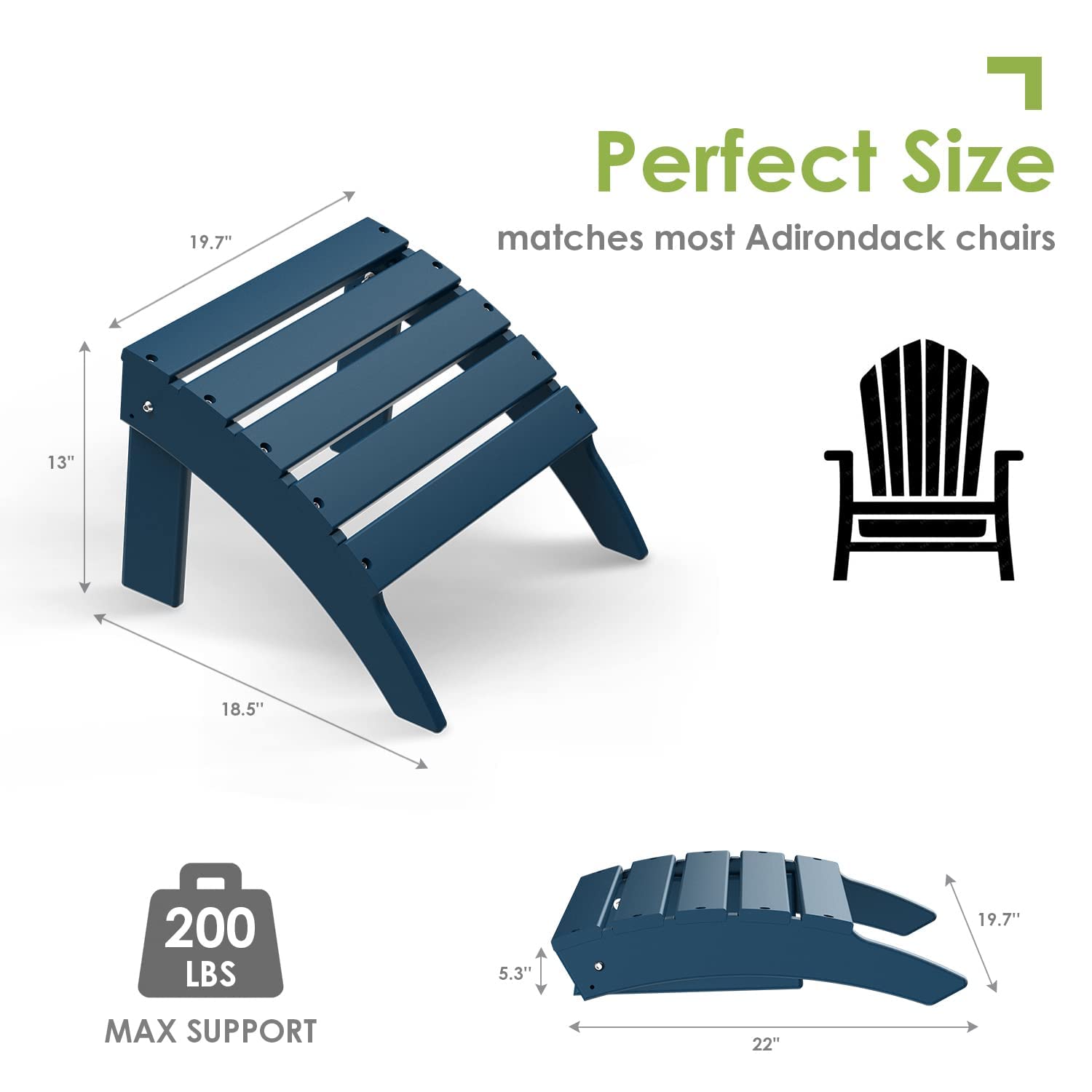 **Blue HDPE Plastic Adirondack Ottoman - Foldable Outdoor Footrest for Adirondack Chairs, All-Weather Foot Stool for Patio, Backyard & Pool Relaxation**