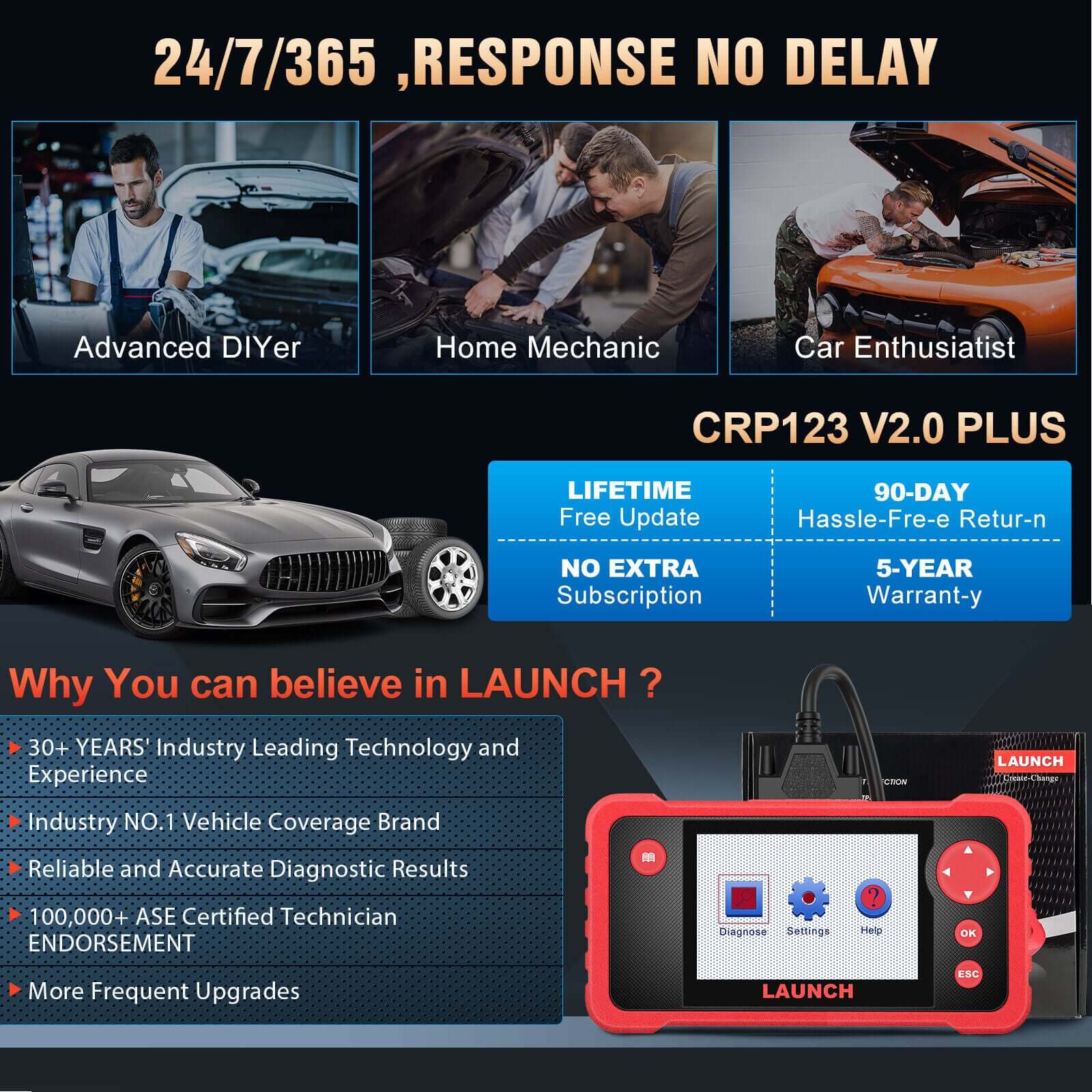 LAUNCH CRP123 V2.0 Plus OBD2 Scanner - 2025 Newest Car Diagnostic Tool for Full System Scan with Oil Reset, Throttle & SAS Relearn | Lifetime Free Updates | Professional Auto Repair & DIY Home Mechanic Use