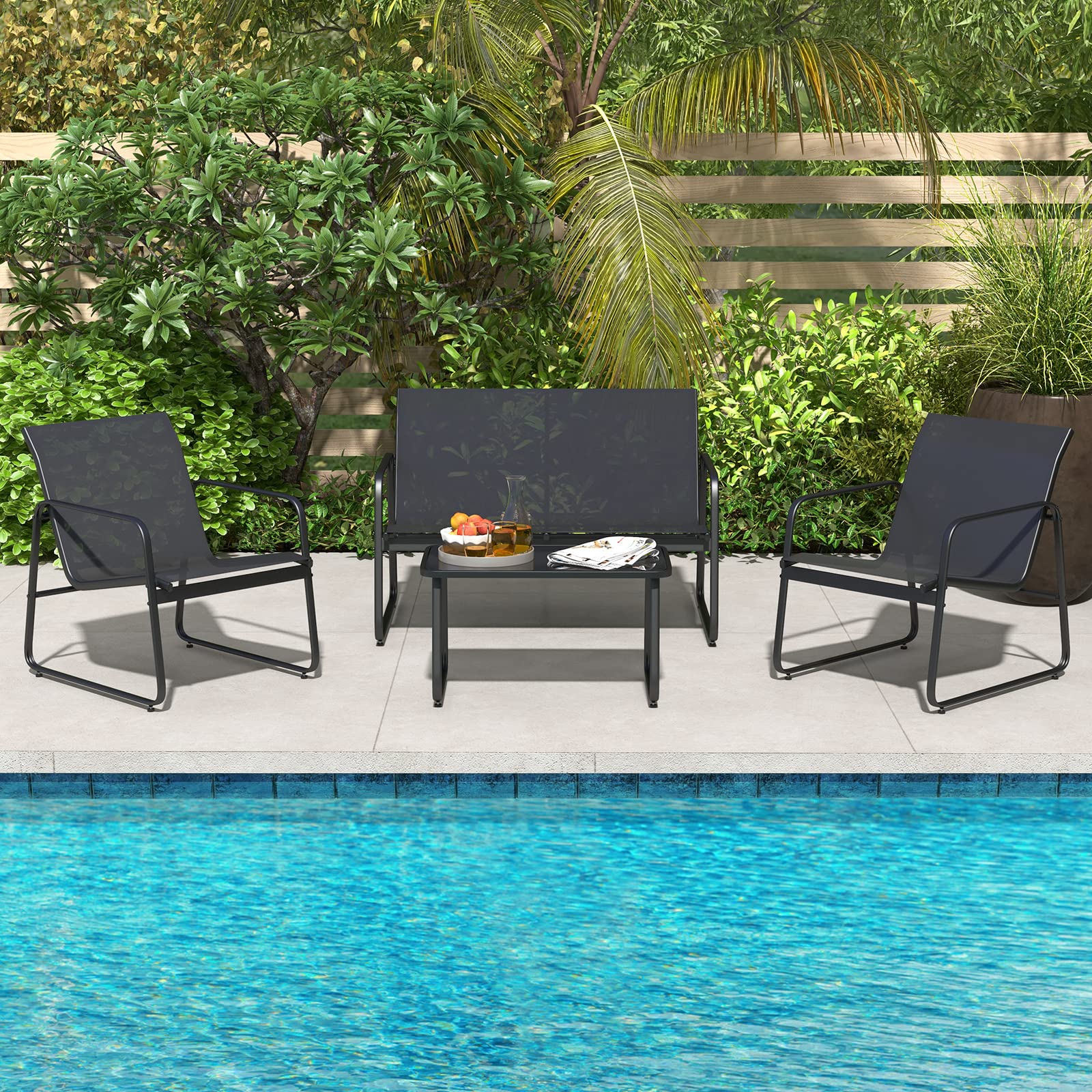 Tangkula 8-Piece Outdoor Patio Furniture Set with Tempered Glass Coffee Table - Black Rustproof Metal Frame & Breathable Fabric - Perfect for Garden, Porch, Backyard & Poolside Relaxation