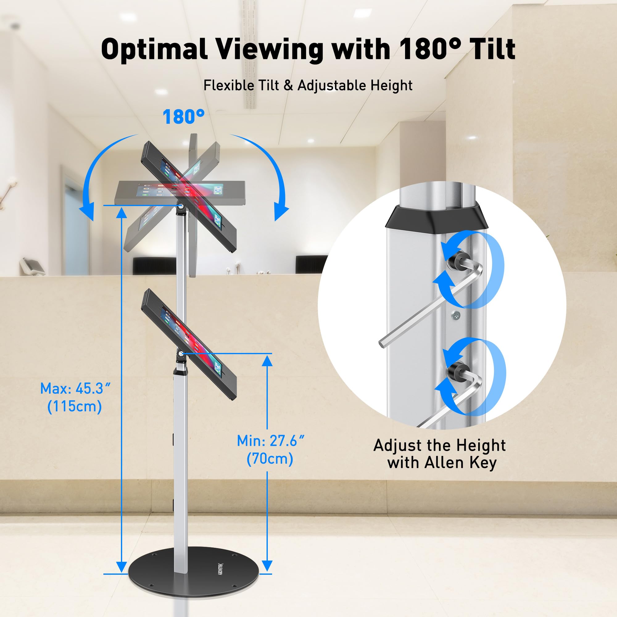 AboveTEK Anti-Theft iPad Floor Stand - Adjustable Secure Kiosk POS Tablet Holder with Lock & Key for iPad Air/Pro (Retail Business Use) - Perfect for Secure Tablet Displays in Stores, Restaurants, and Exhibitions