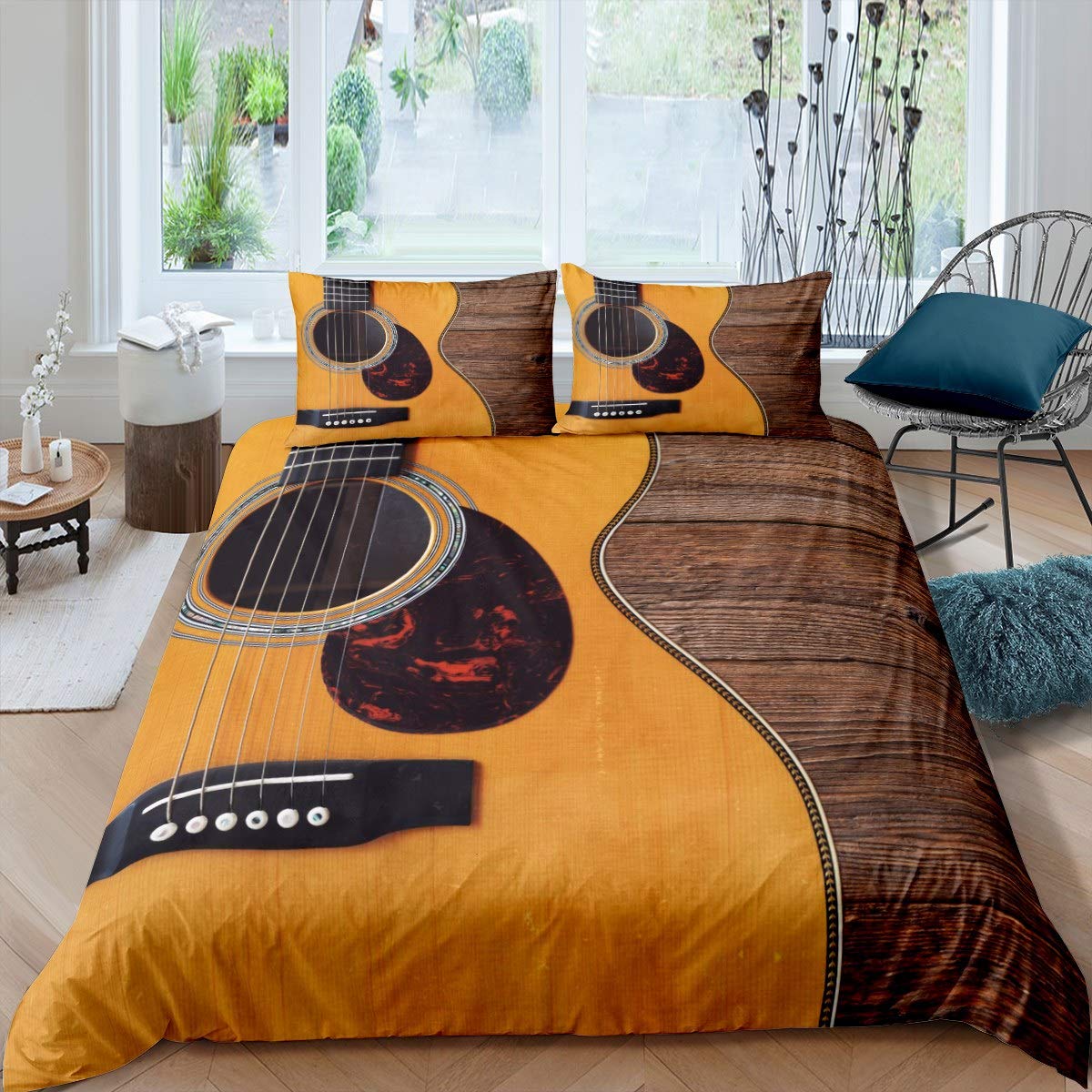 **Kids Yellow Musical Guitar Bedding Set - Soft Polyester Duvet Cover with 2 Pillowcases (Queen Size) for Boys & Girls Room Decor, Teen Bedroom, Music Lover Gift**    *Perfect for kids' bedrooms, teen dorm rooms, or as a unique gift for young music enthusiasts!*