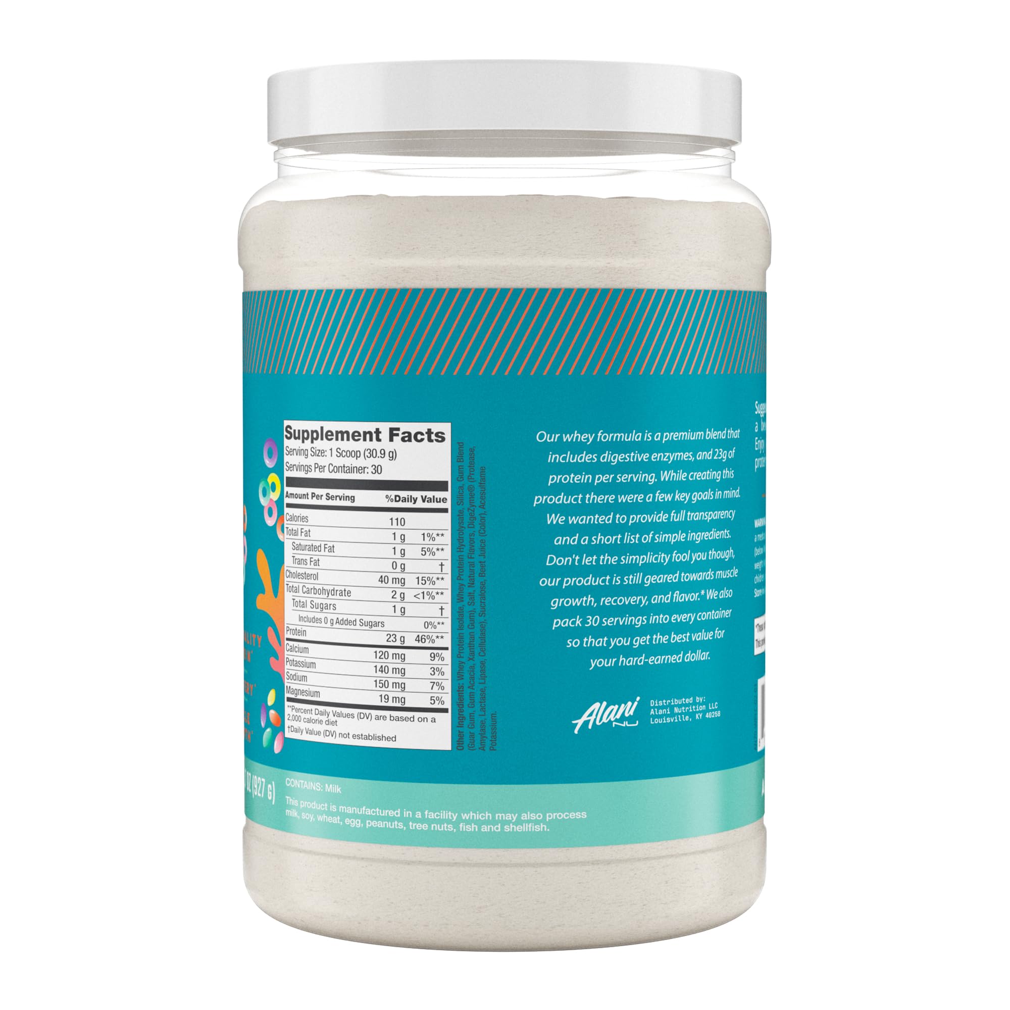 Alani Nu Whey Protein Powder - Fruity Cereal Flavor | 23g Protein, Low Sugar & Digestive Enzymes | Meal Replacement & Post-Workout Supplement | Low Fat, Low Carb Whey Isolate Protein Blend | 30 Servings for Gym, Weight Loss & Healthy Lifestyle