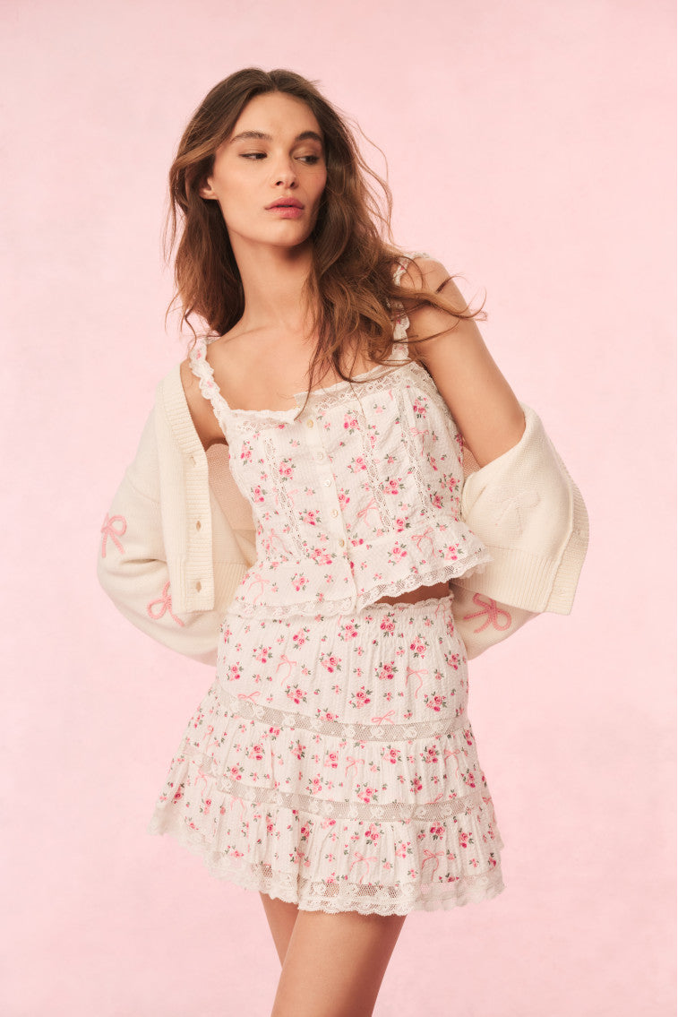 Viro Cotton Rose & Bow Mini Skirt - Floral Summer Skirt for Women, Casual A-Line Skirt with Elastic Waistband - Perfect for Beach, Party, and Date Night Outfits